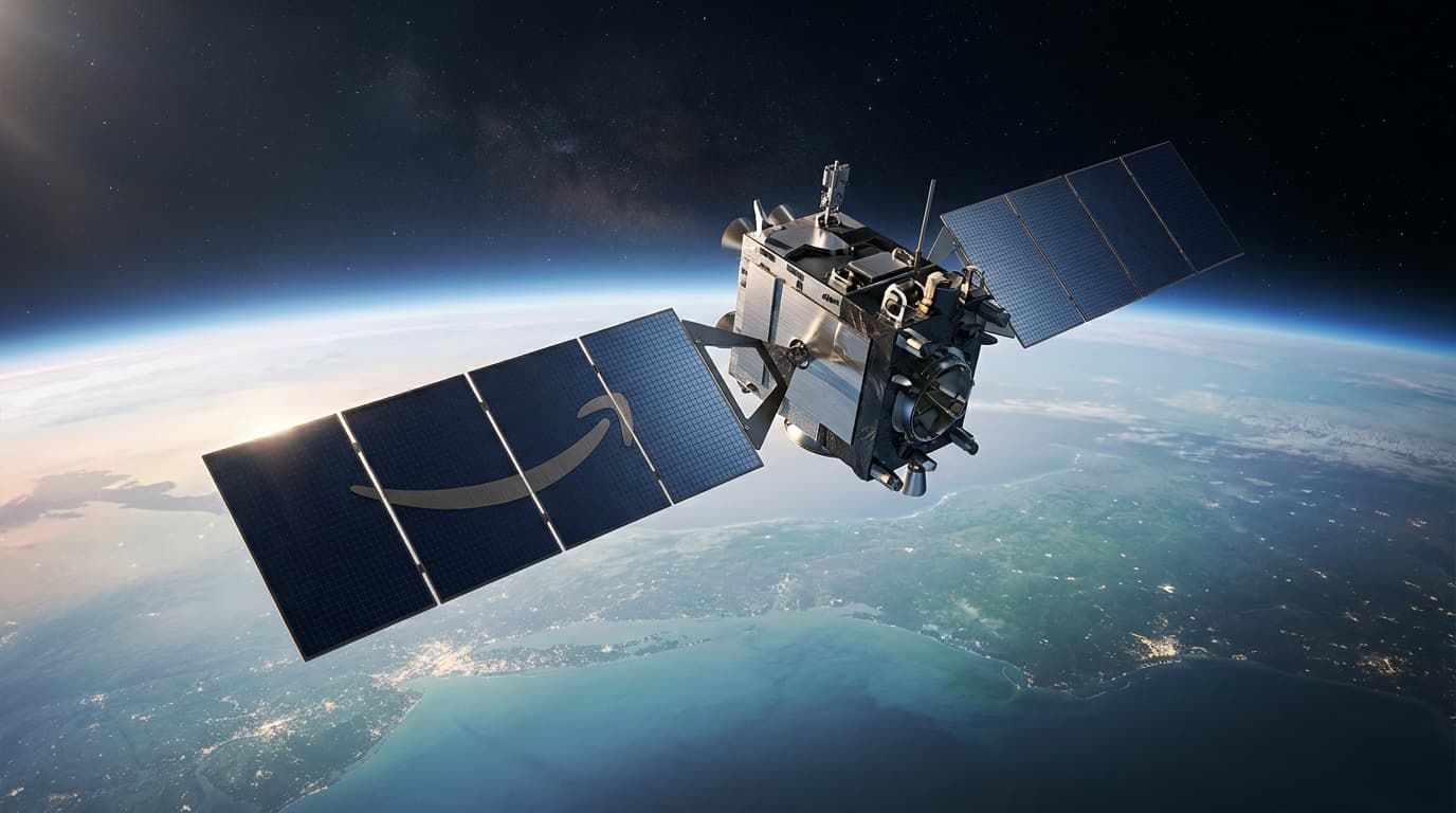 A modern, sleek satellite in orbit above the Earth with an Amazon logo subtly integrated into its so