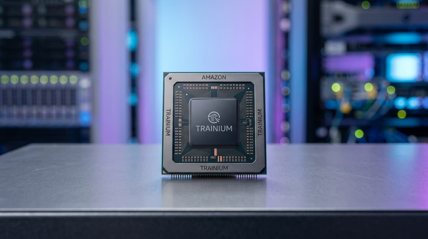A macro photograph of a sleek, high-performance Amazon Trainium computer chip resting on a sterile l