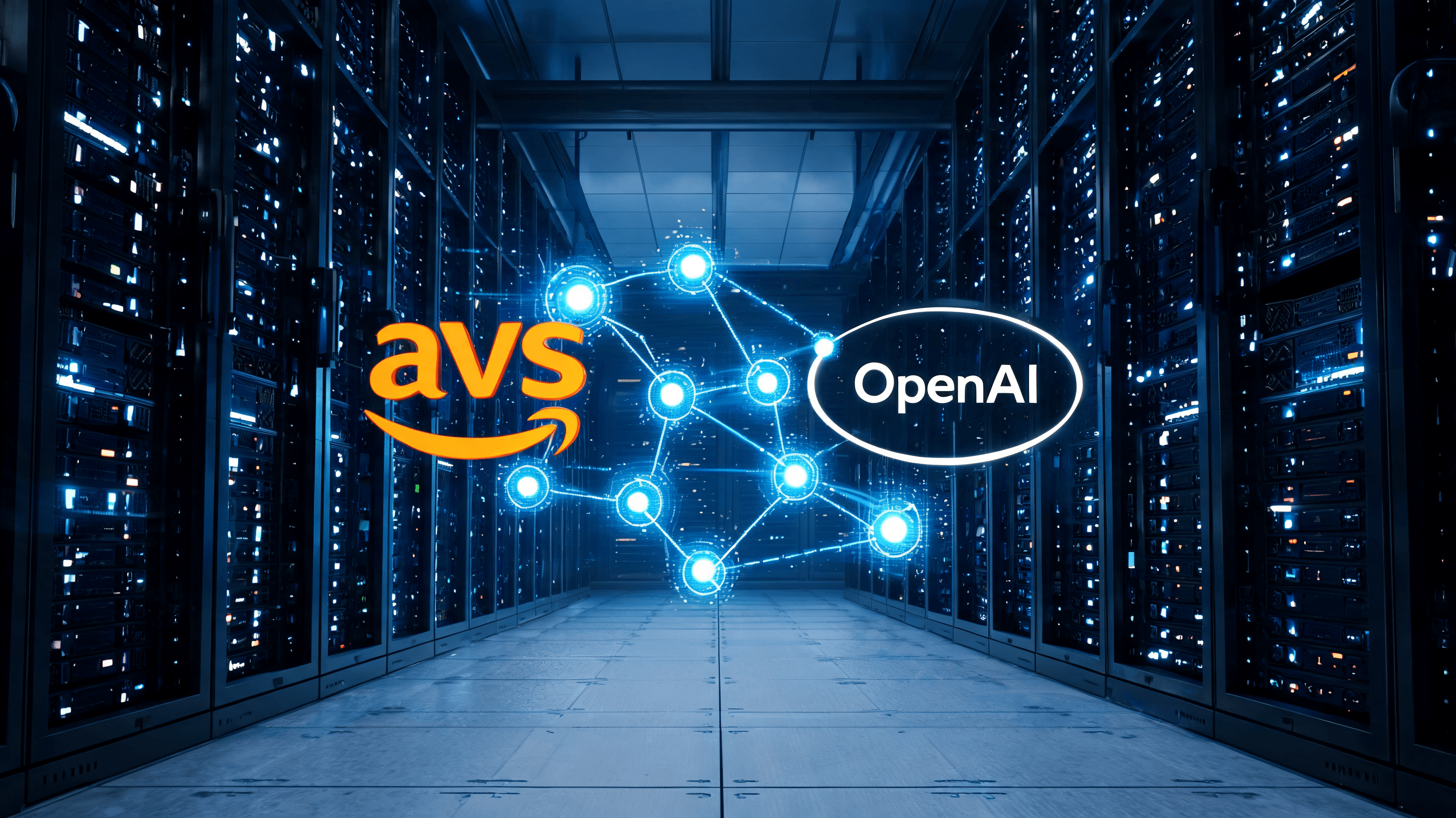 A modern, professional data center server room with high-tech glowing interface overlays depicting a