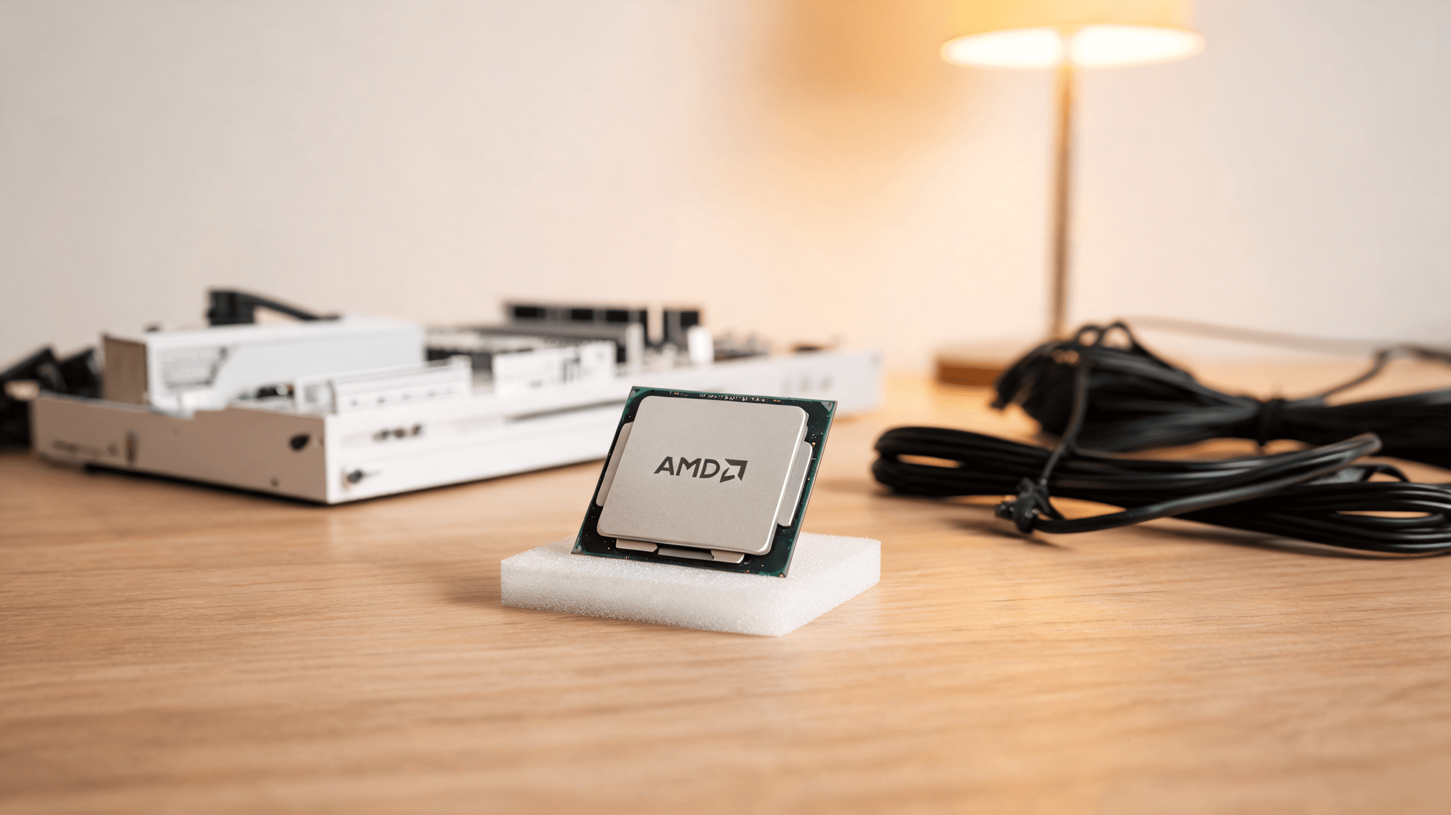 An artistic studio shot of an AMD CPU sitting on a desk with a warm, clean atmosphere, highlighting