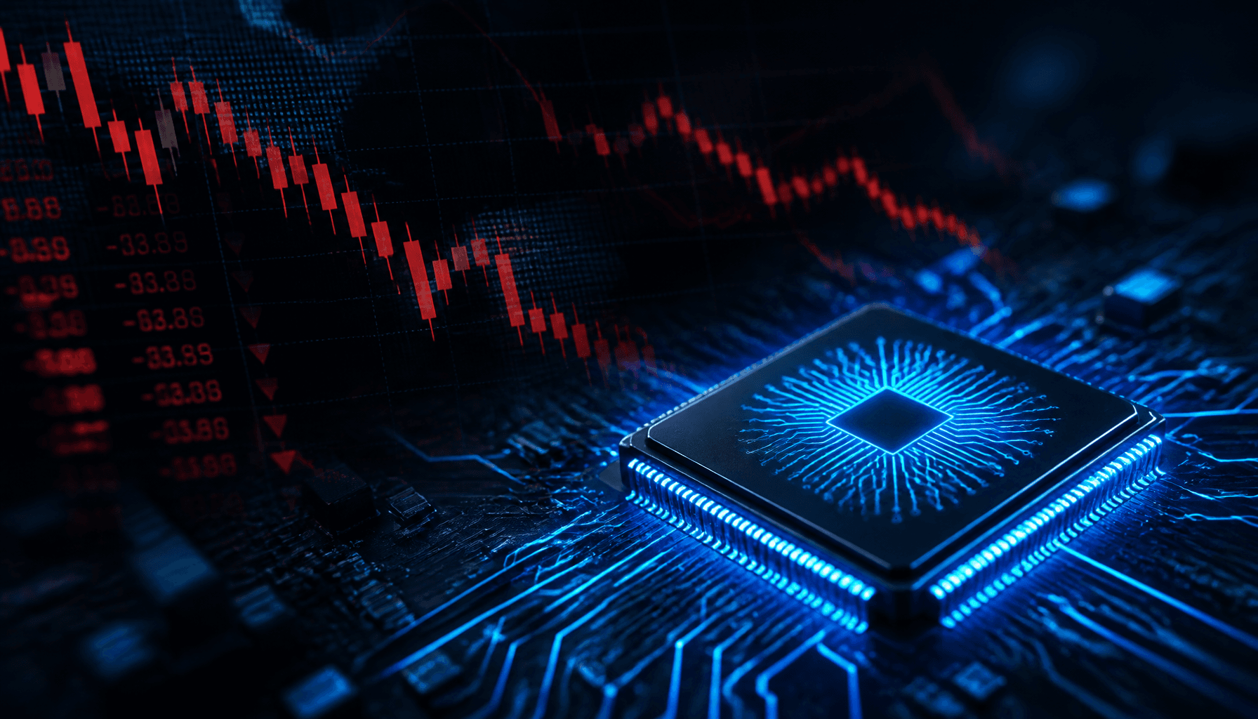 A high-tech semiconductor chip glowing with blue circuitry lines on a dark background, with stock ma