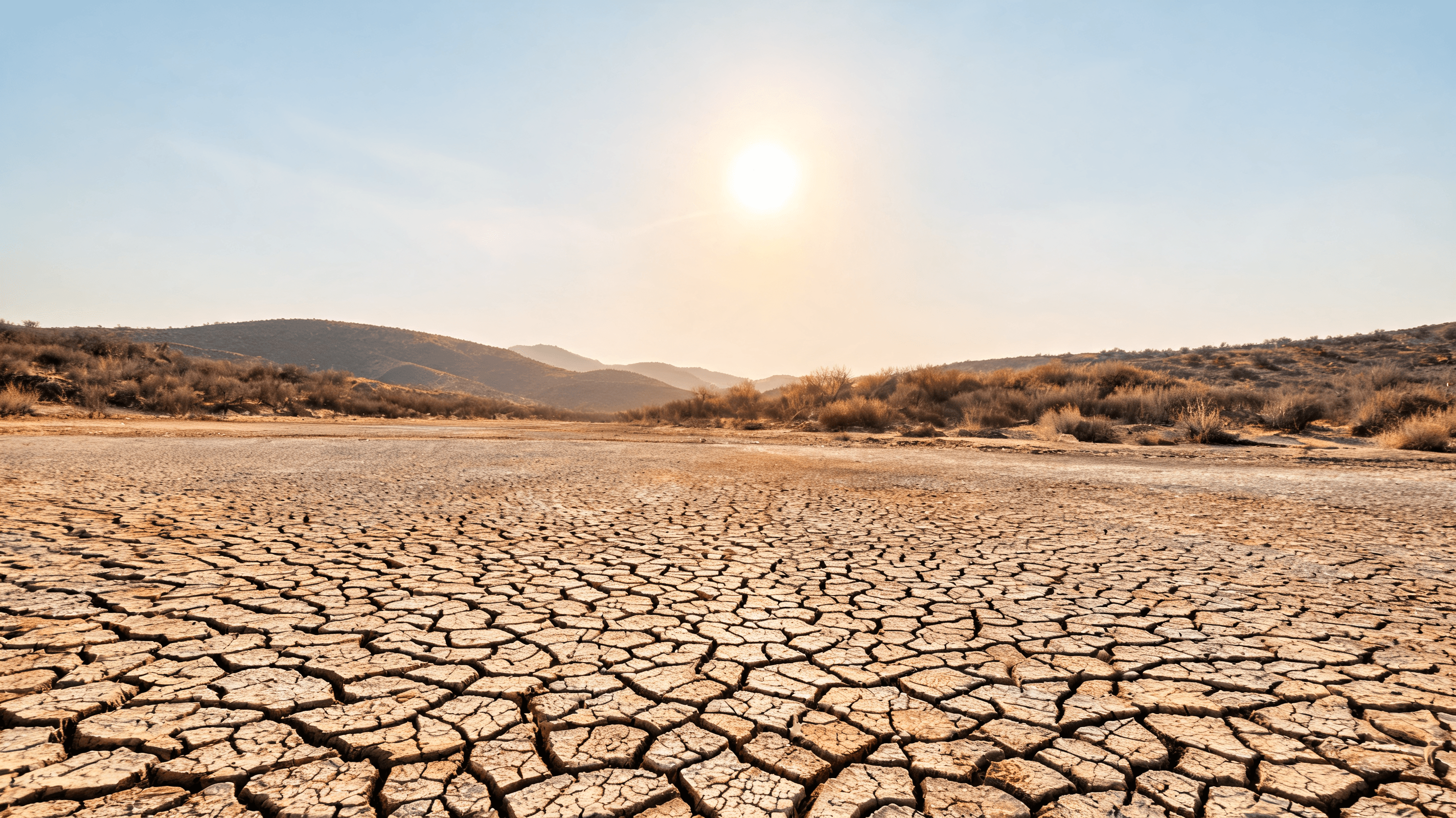 A dry, cracked lake bed with a parched landscape under a harsh, hot sun in the American West.