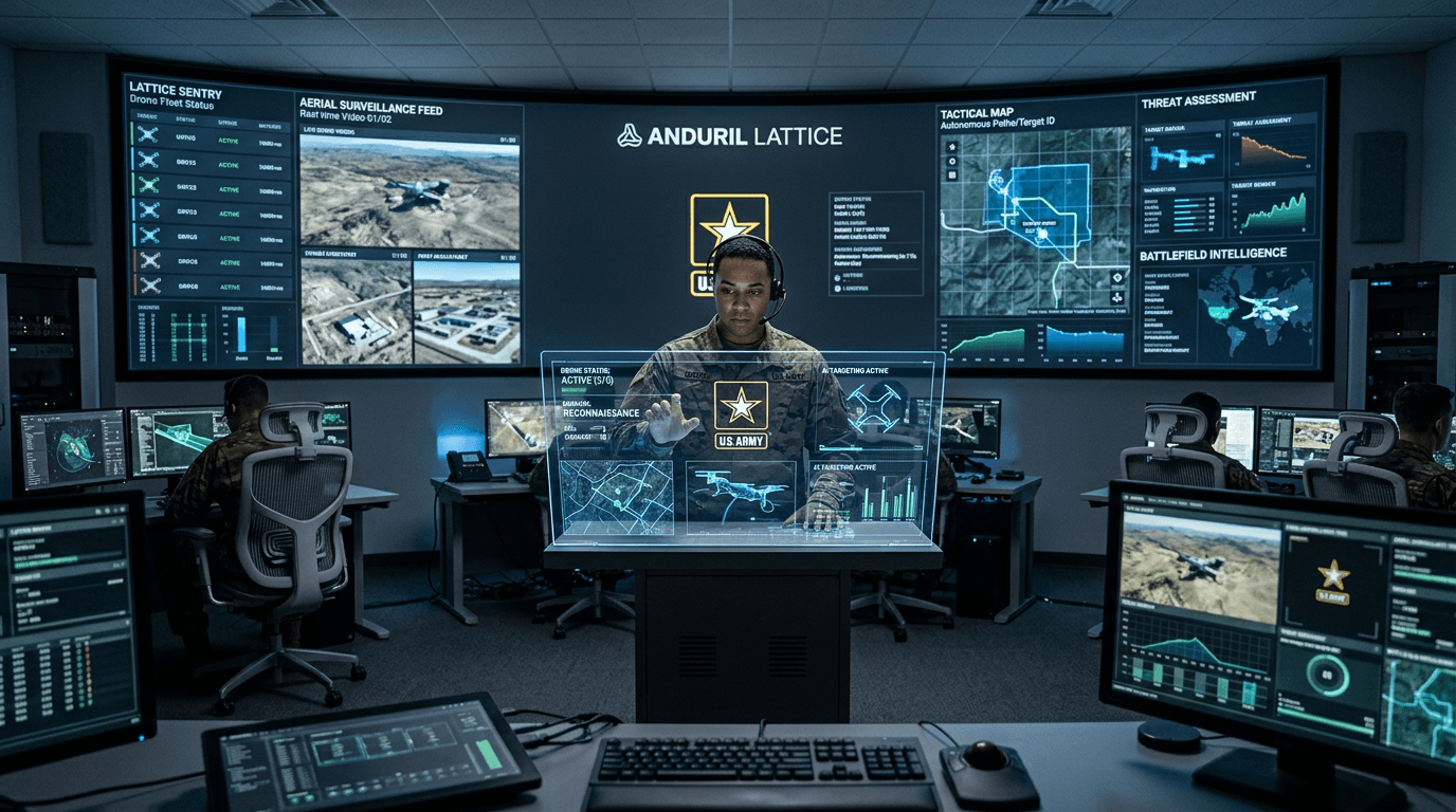 A high-tech command center featuring autonomous drones and surveillance screens powered by Anduril's