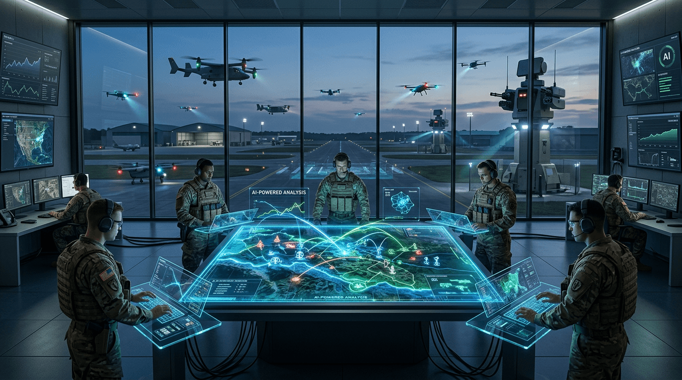 A futuristic military command center featuring holographic maps powered by AI, with autonomous drone