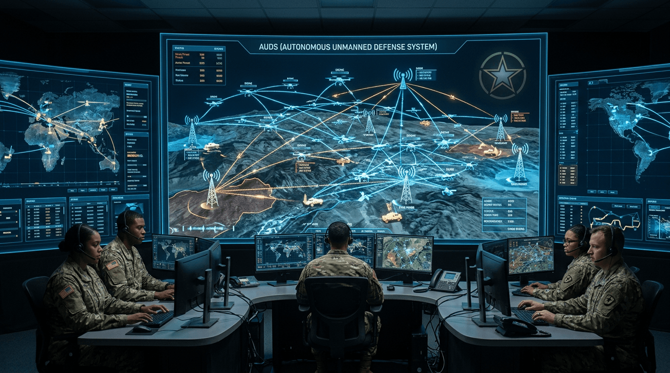 A tactical command center with large holographic displays showing a network of autonomous drones and