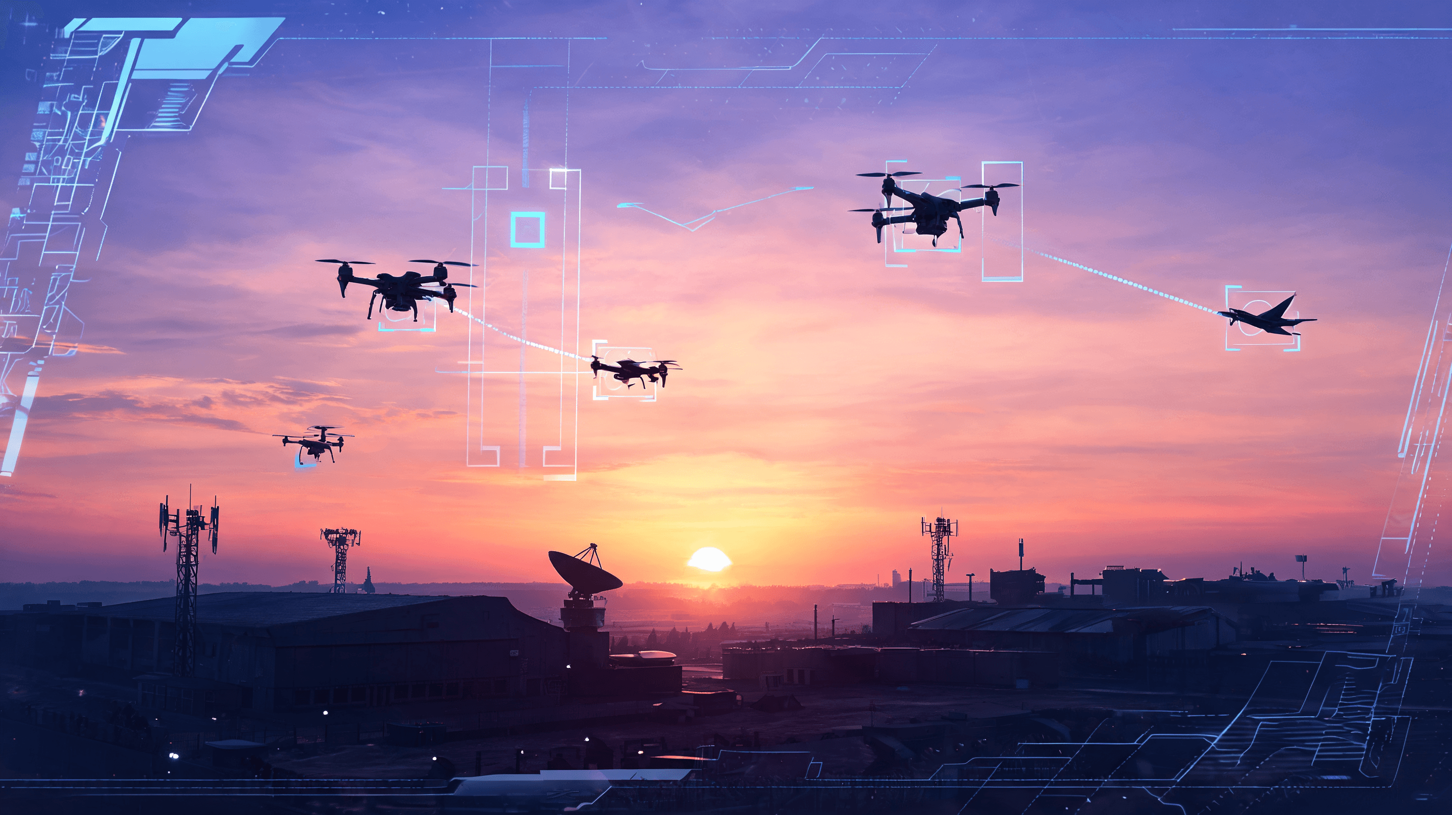 Futuristic high-tech defense tech scene, autonomous drone silhouettes against a sunset horizon, adva