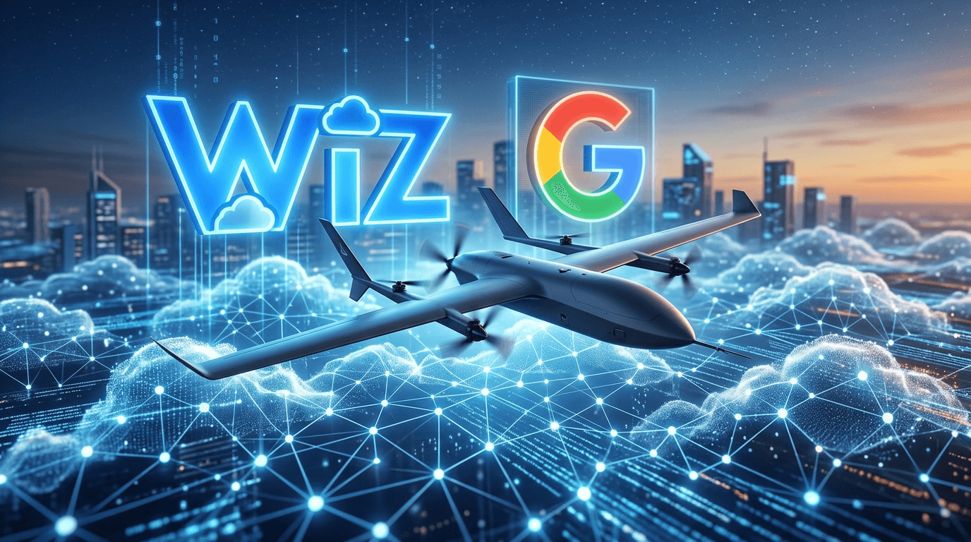A modern composite image: A sleek Anduril drone flying over a digital cloud network landscape, with