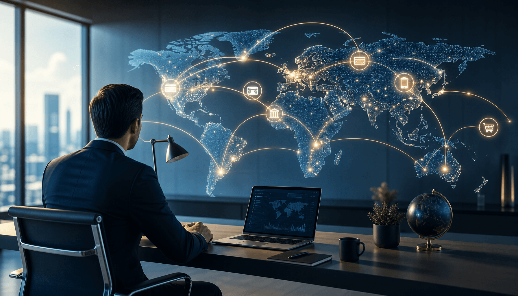 A modern, minimalist office setting with a glowing global map overlay representing digital payment f