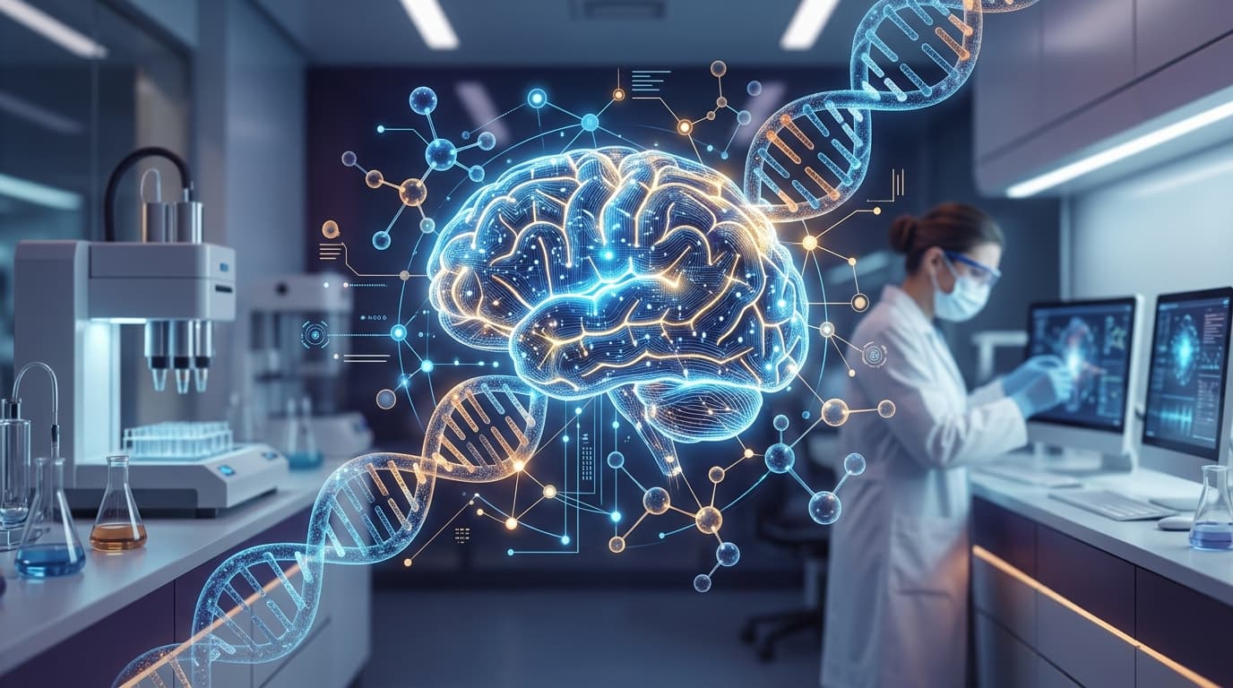 A sophisticated representation of a digital brain merging with molecular structures and DNA sequence