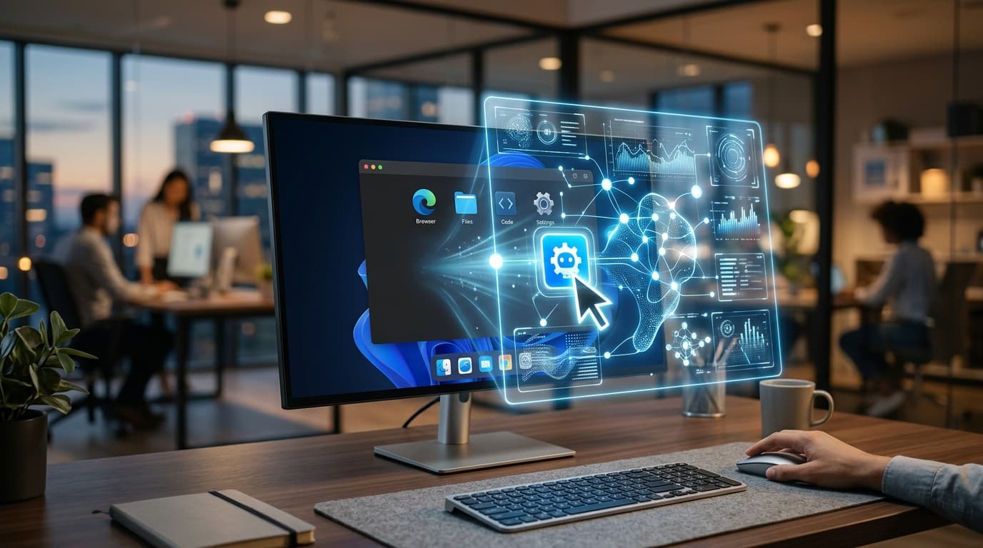 A modern desktop computer screen with a glowing translucent AI interface extending out from the scre