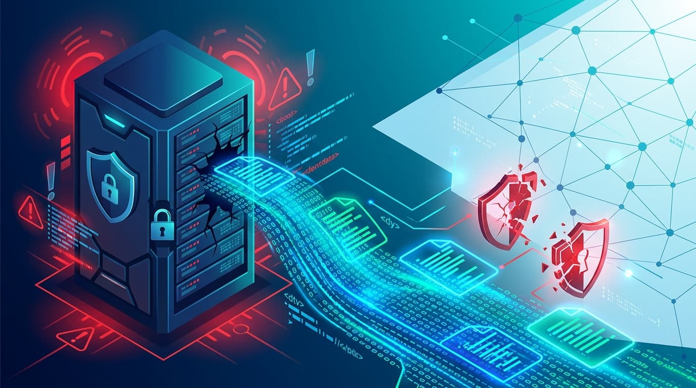 A digital illustration of a glowing blue code block being leaked from a secure server environment in