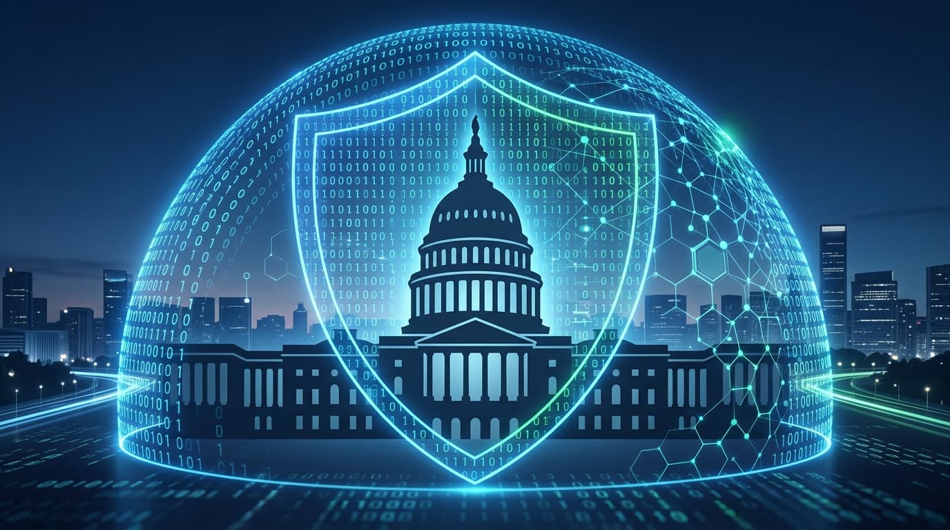 Abstract representation of digital security, binary code shielding a government building silhouette,
