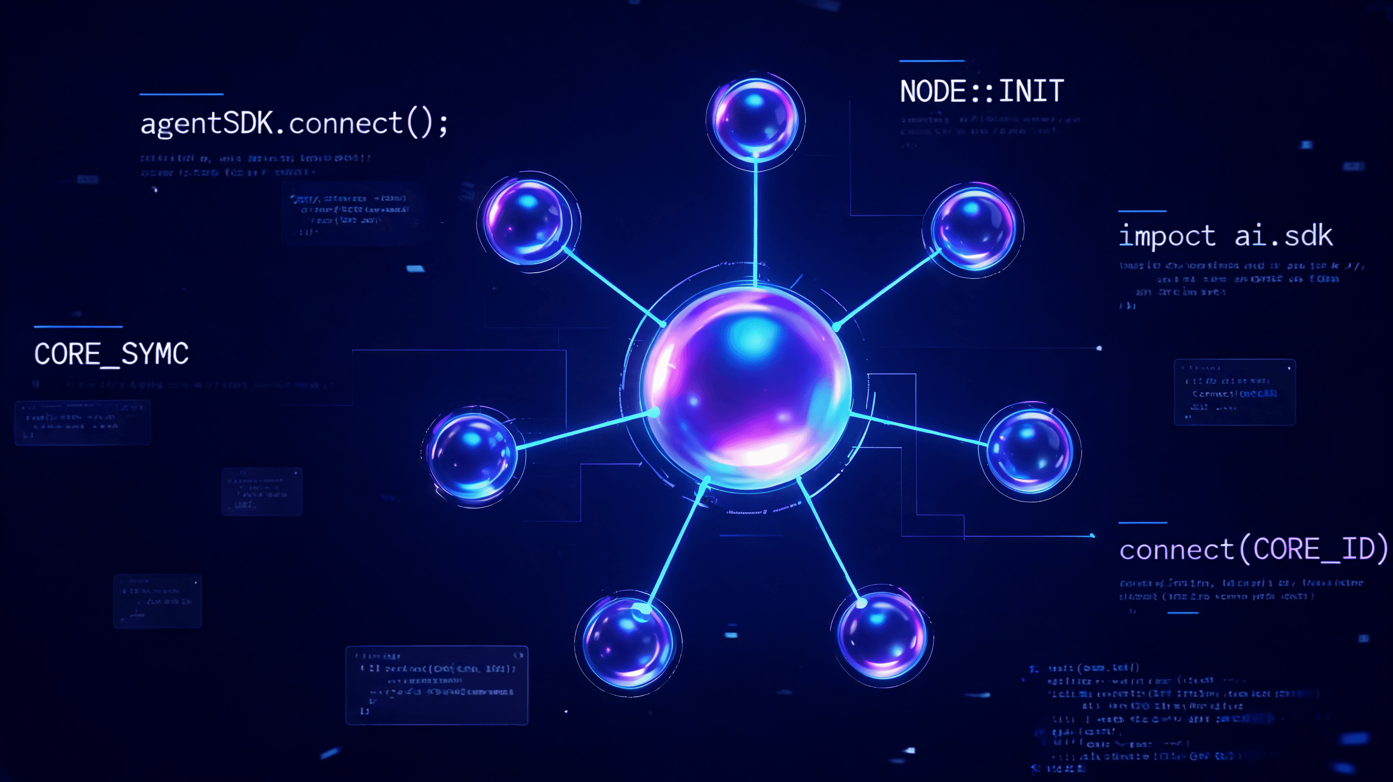 Abstract digital illustration of AI agent nodes connecting to a central core, neon blue and deep pur