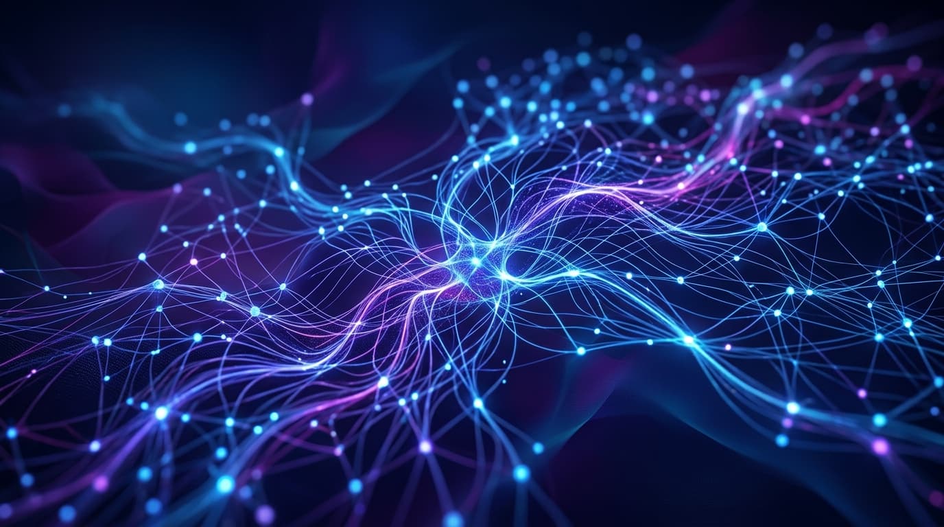 A modern, high-tech abstract representation of neural networks in deep blue and purple colors, symbo