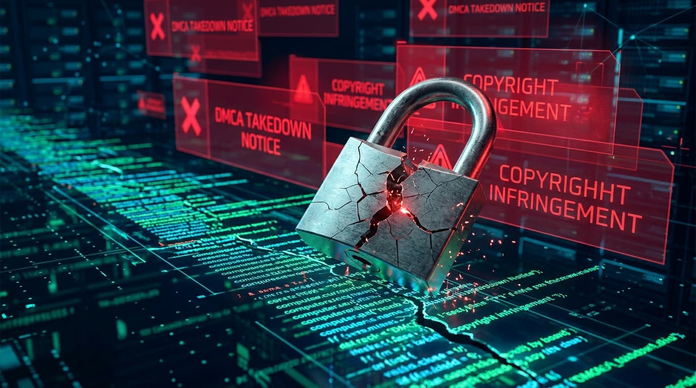 A conceptual digital illustration of a cracked lock on a glowing codebase, with red digital warning