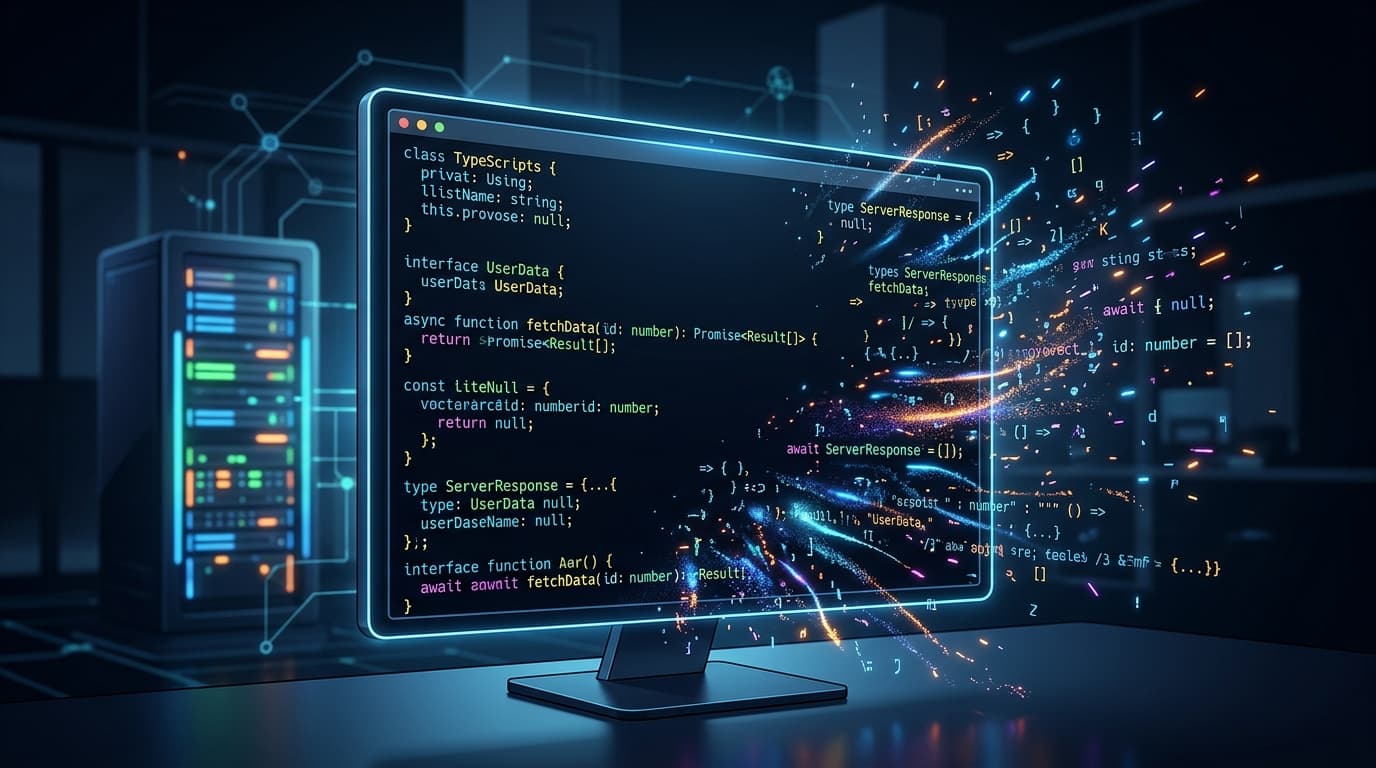 A digital illustration of a computer terminal screen displaying complex TypeScript code blocks, with