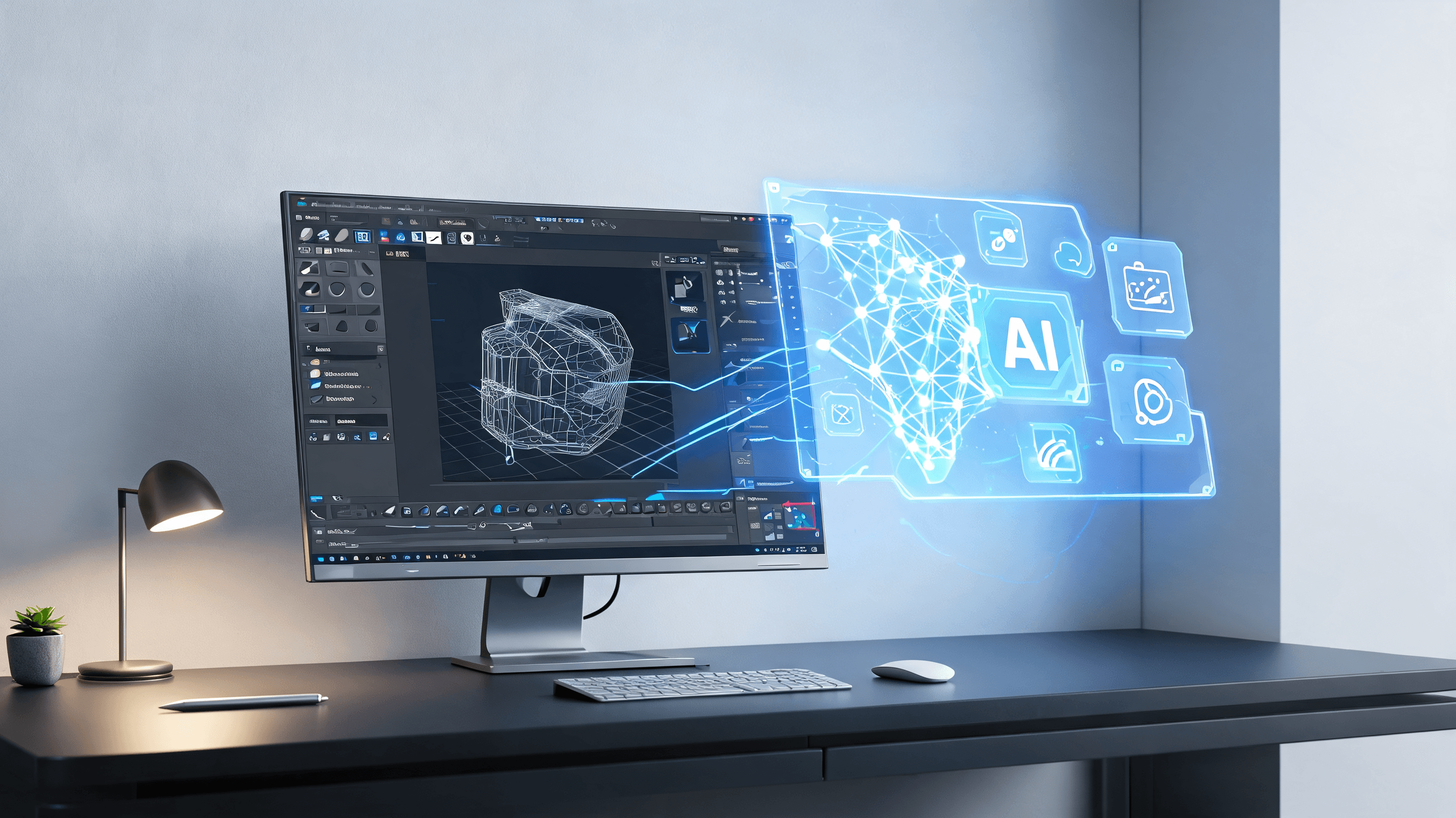 An artistic workspace featuring a high-end designer monitor showing 3D software and graphic editing