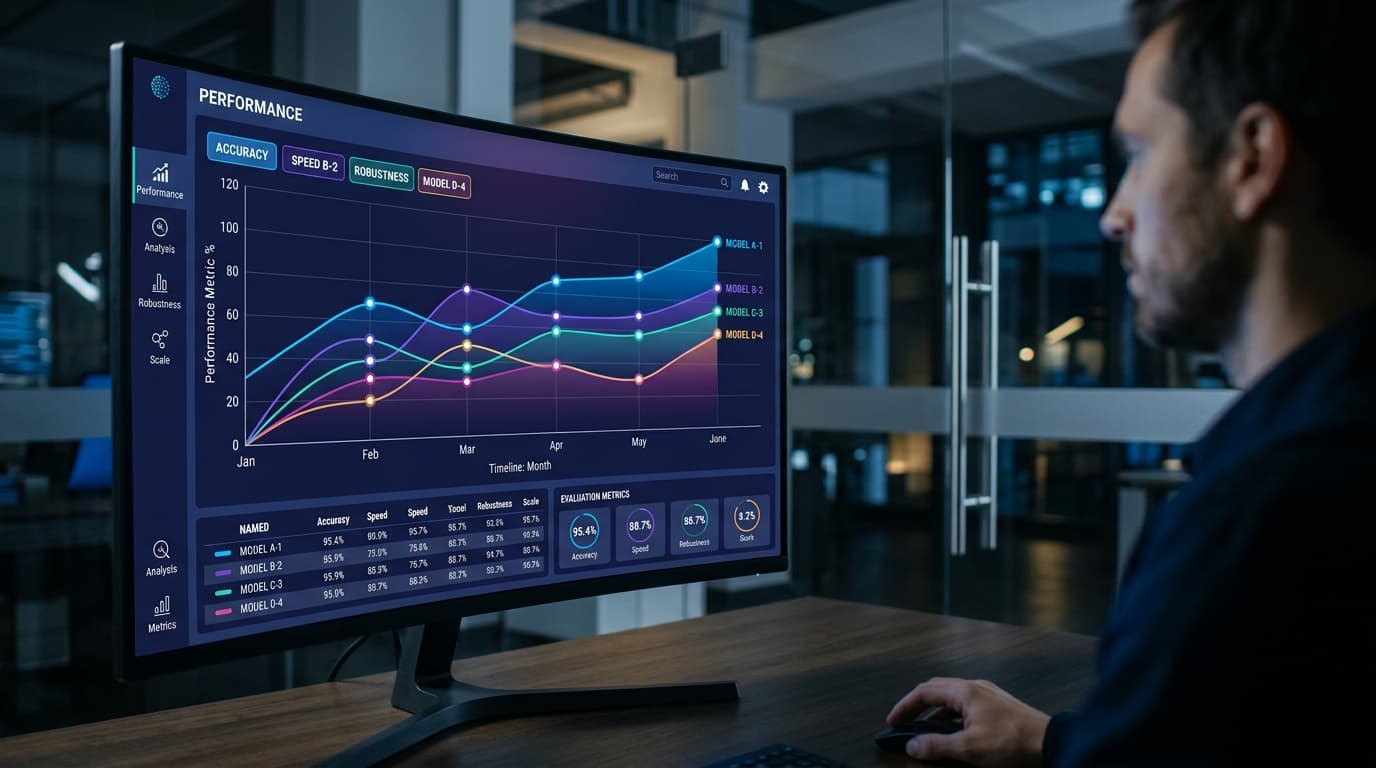 A modern, sleek digital interface showing a performance graph comparing AI model metrics, profession