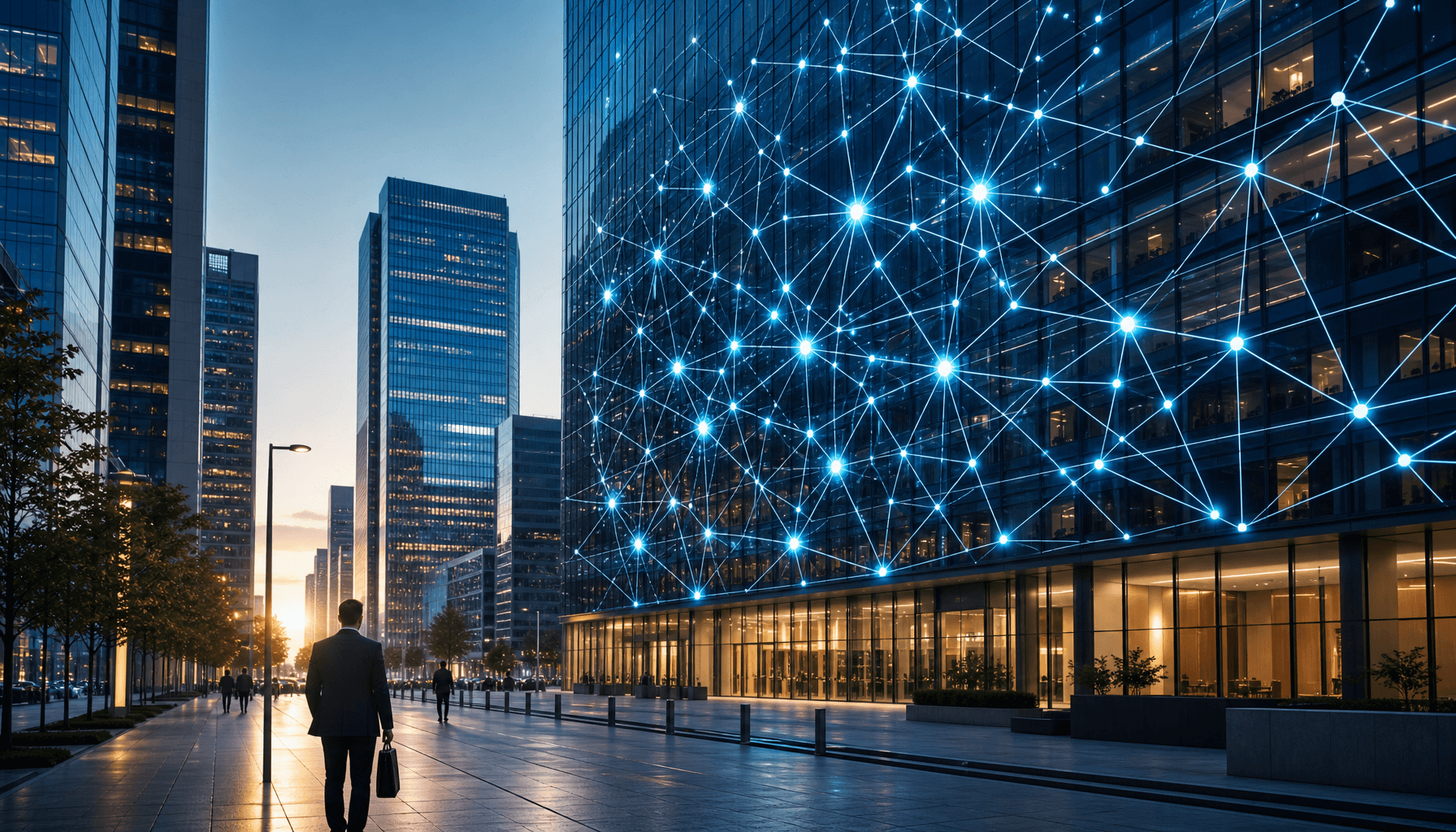 A modern, minimalist financial district street with a large, glowing neural network pattern integrat