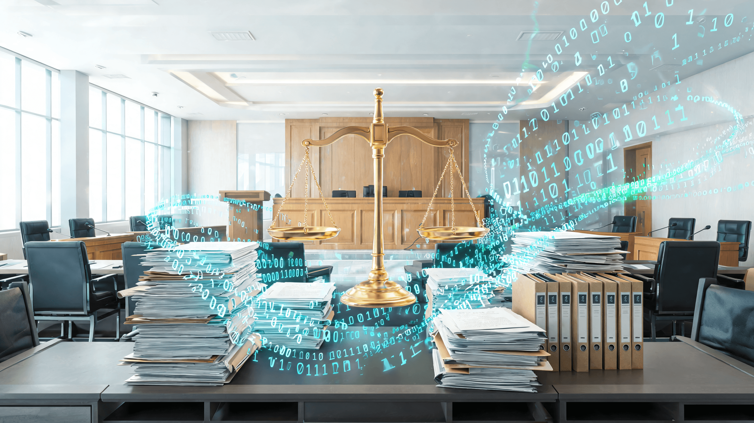A modern legal courtroom setting, with scales of justice hovering over digital code streams and docu