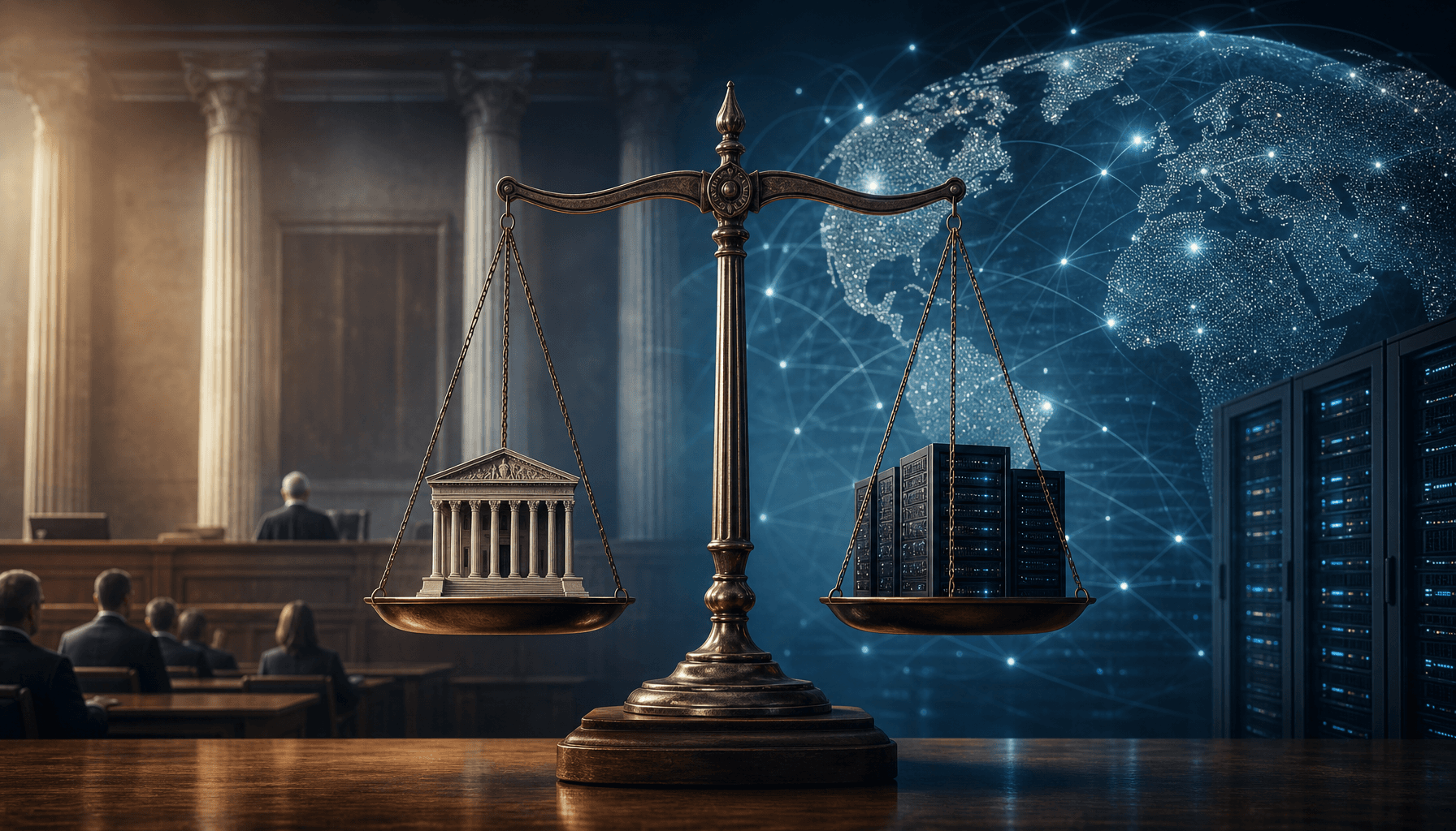A courtroom scene mixed with a digital representation of a global network, scales of justice balance