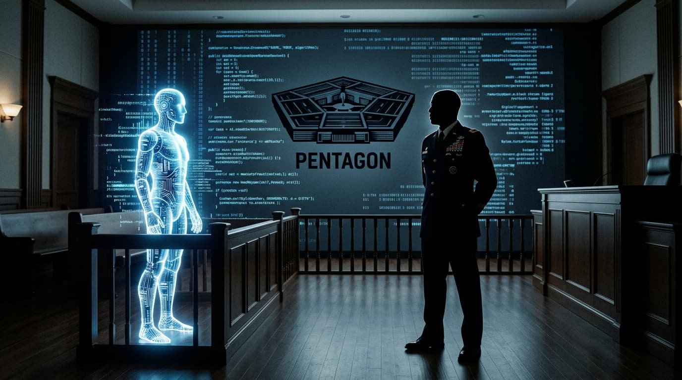 A courtroom scene where a glowing AI humanoid figure stands opposite a silhouette of a high-ranking