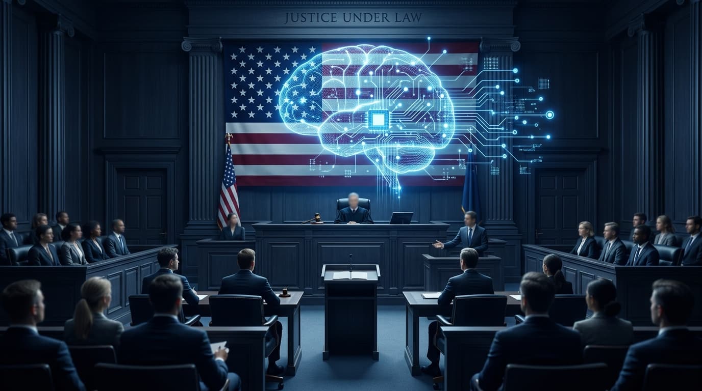 A courtroom scene with an abstract, digital representation of an AI brain structure connecting to a