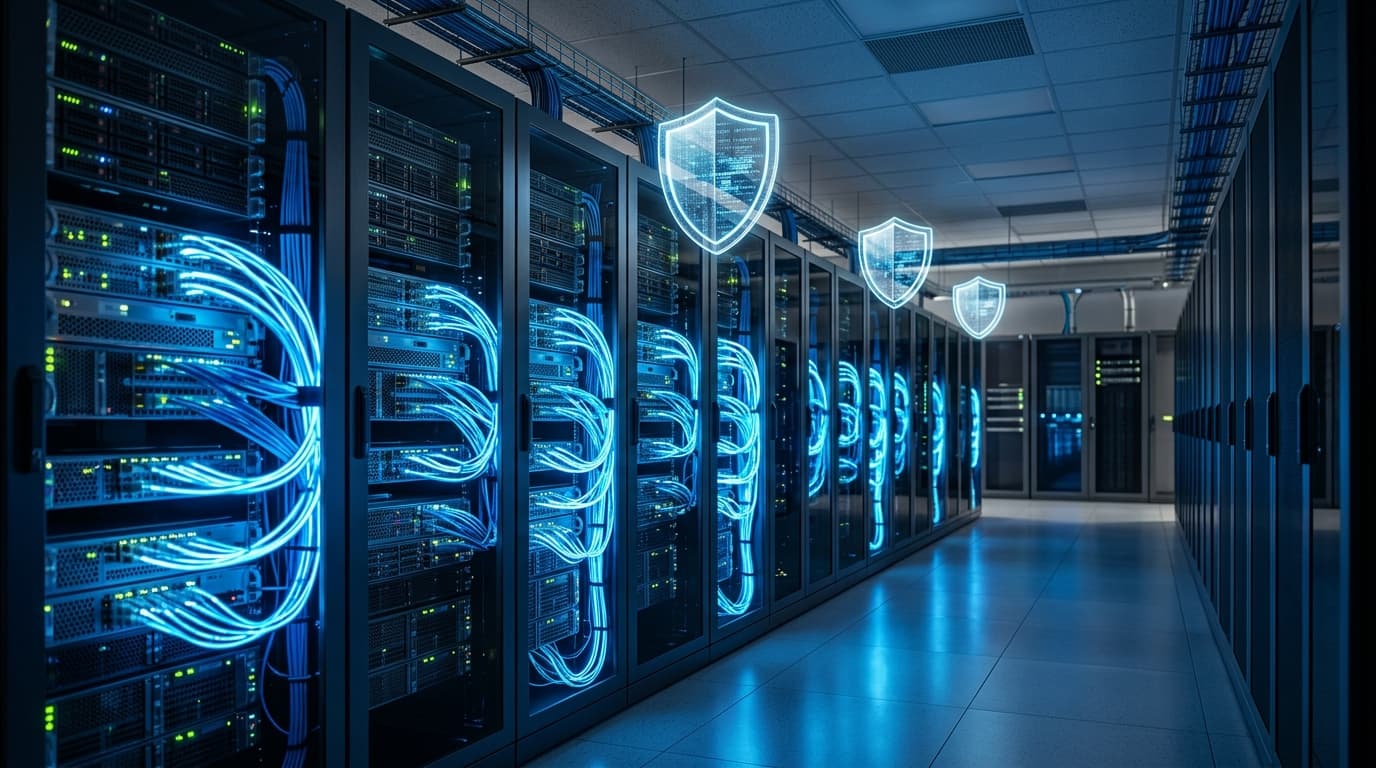A modern, high-tech server room with glowing blue cables representing digital infrastructure and AI