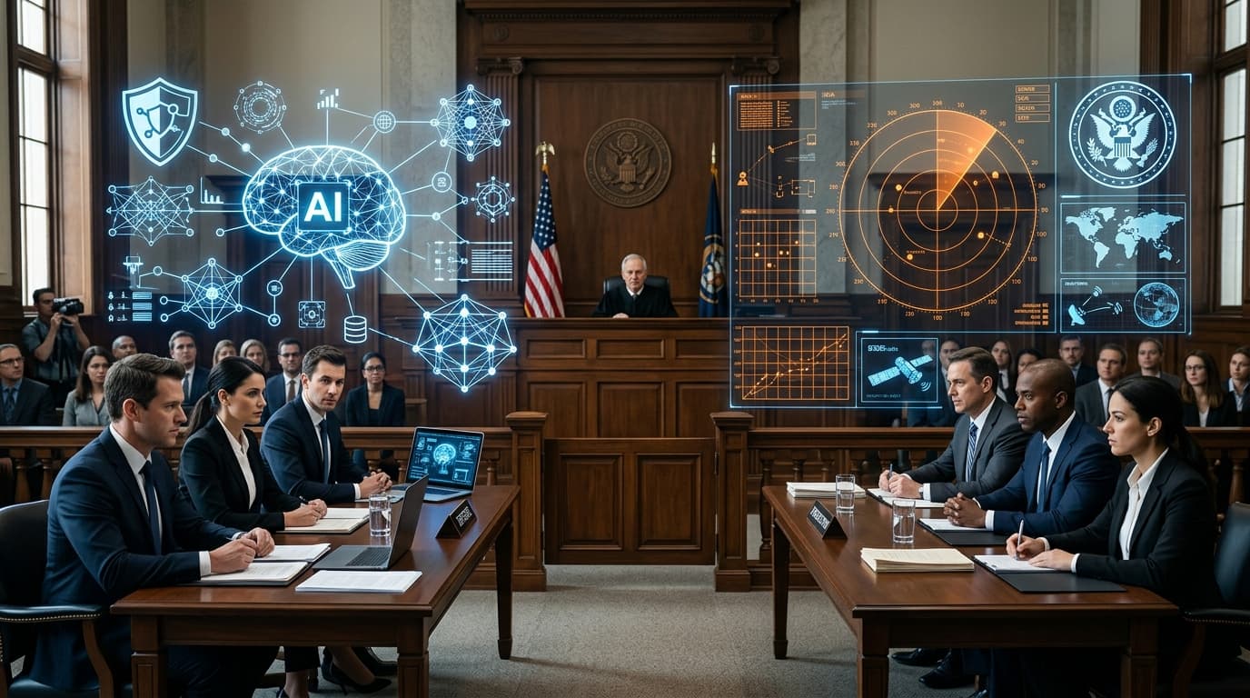A courtroom setting with digital overlays of abstract AI network structures and military radar inter