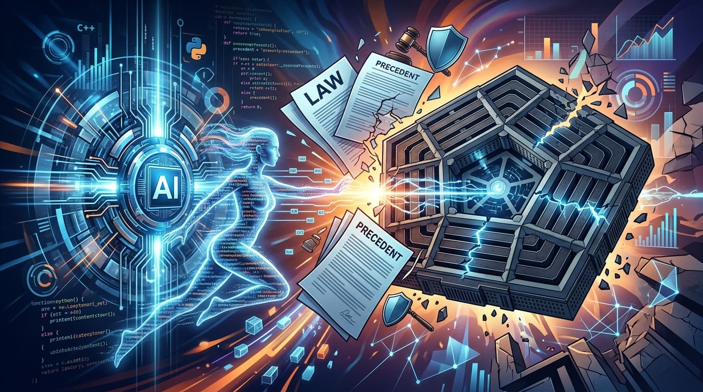 A modern, dramatic digital illustration representing a high-stakes legal battle between a sleek, fut