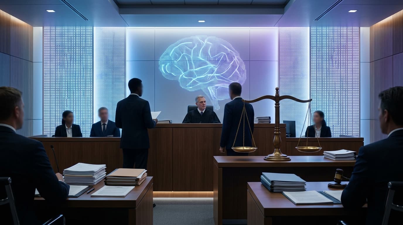A courtroom setting with legal papers, a silhouette of a complex AI neural network in the background