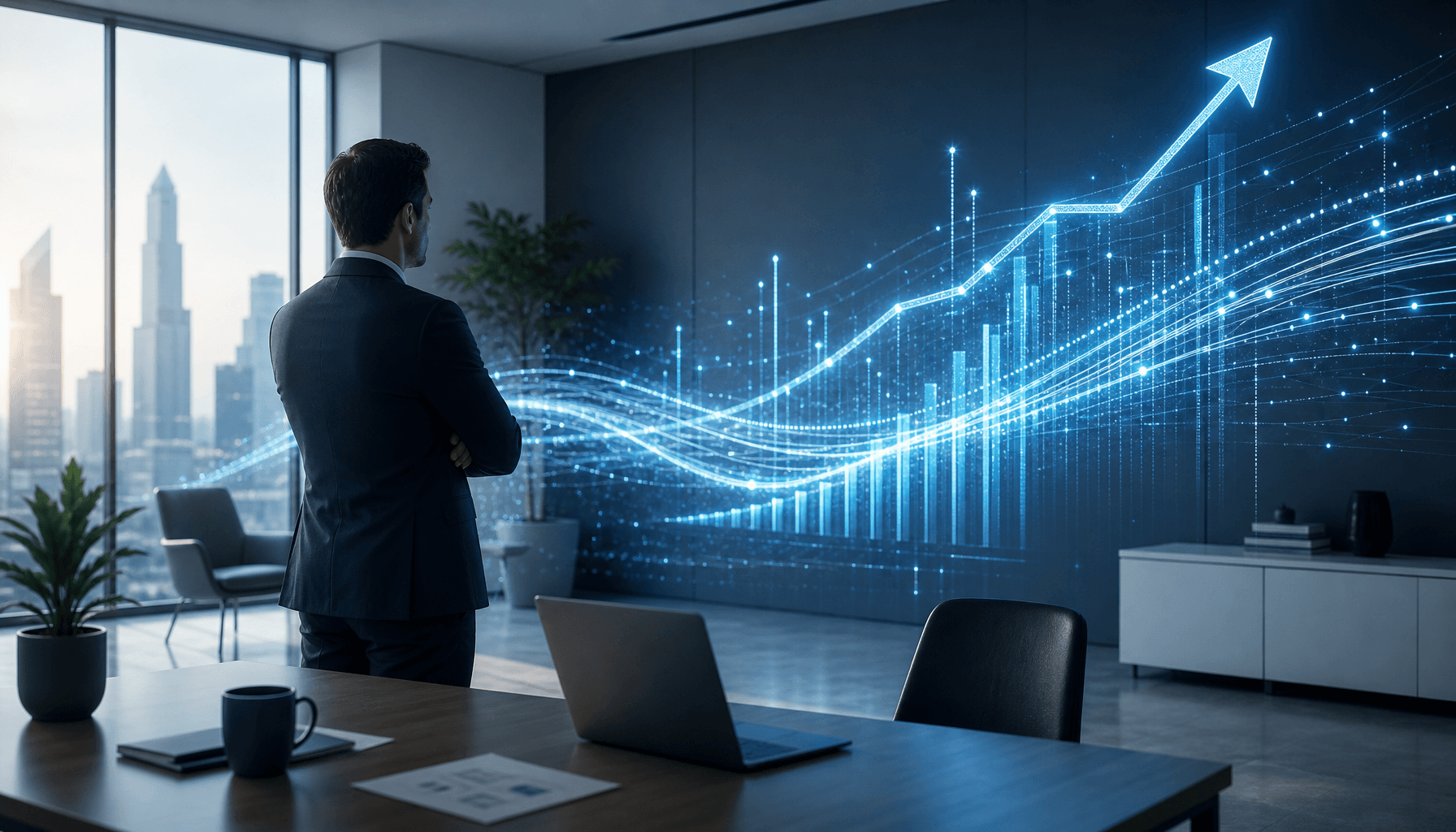 A modern, minimalist office environment with abstract digital data streams glowing in the background