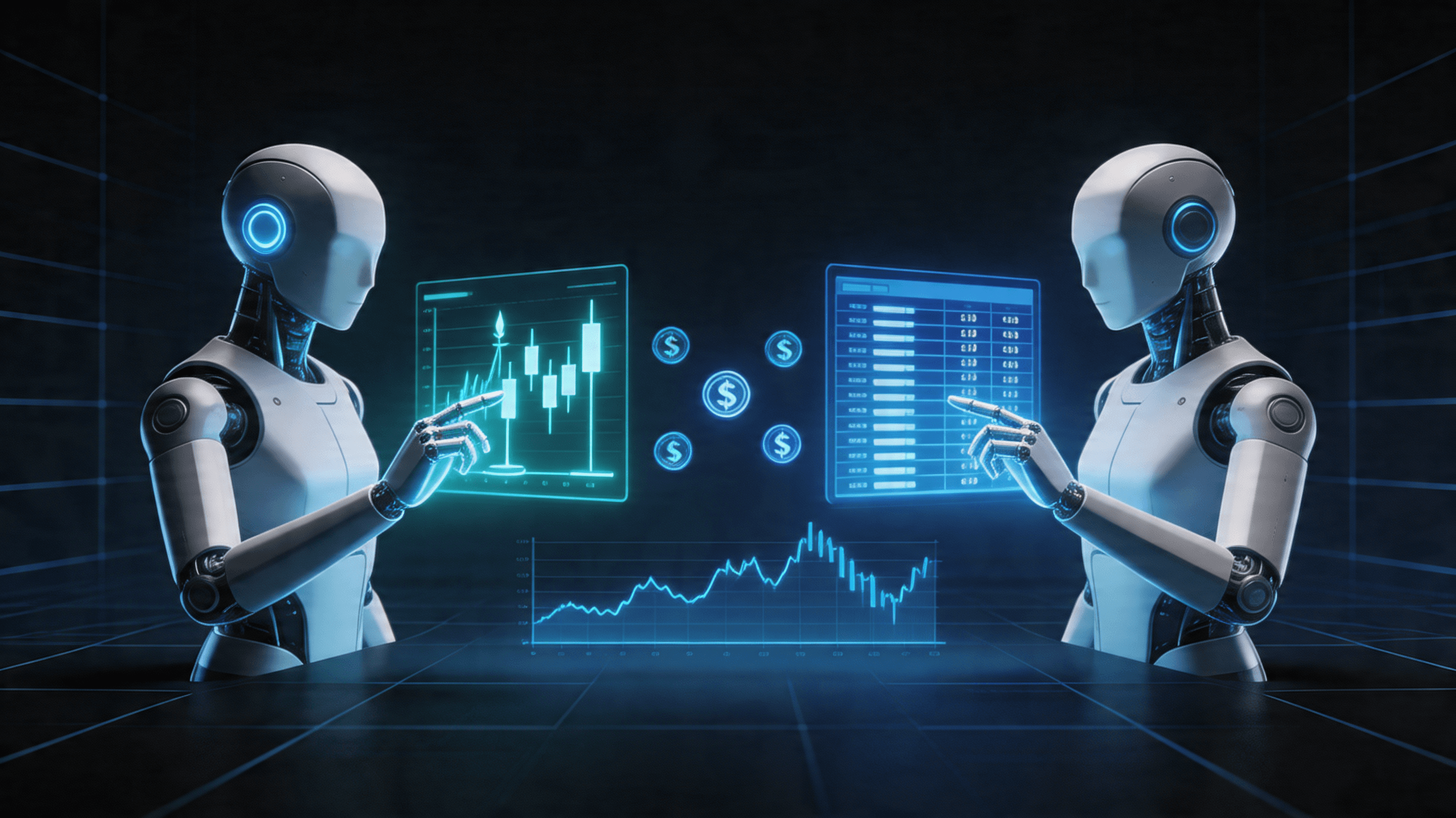 A futuristic digital marketplace interface where abstract robotic avatars are interacting with compl