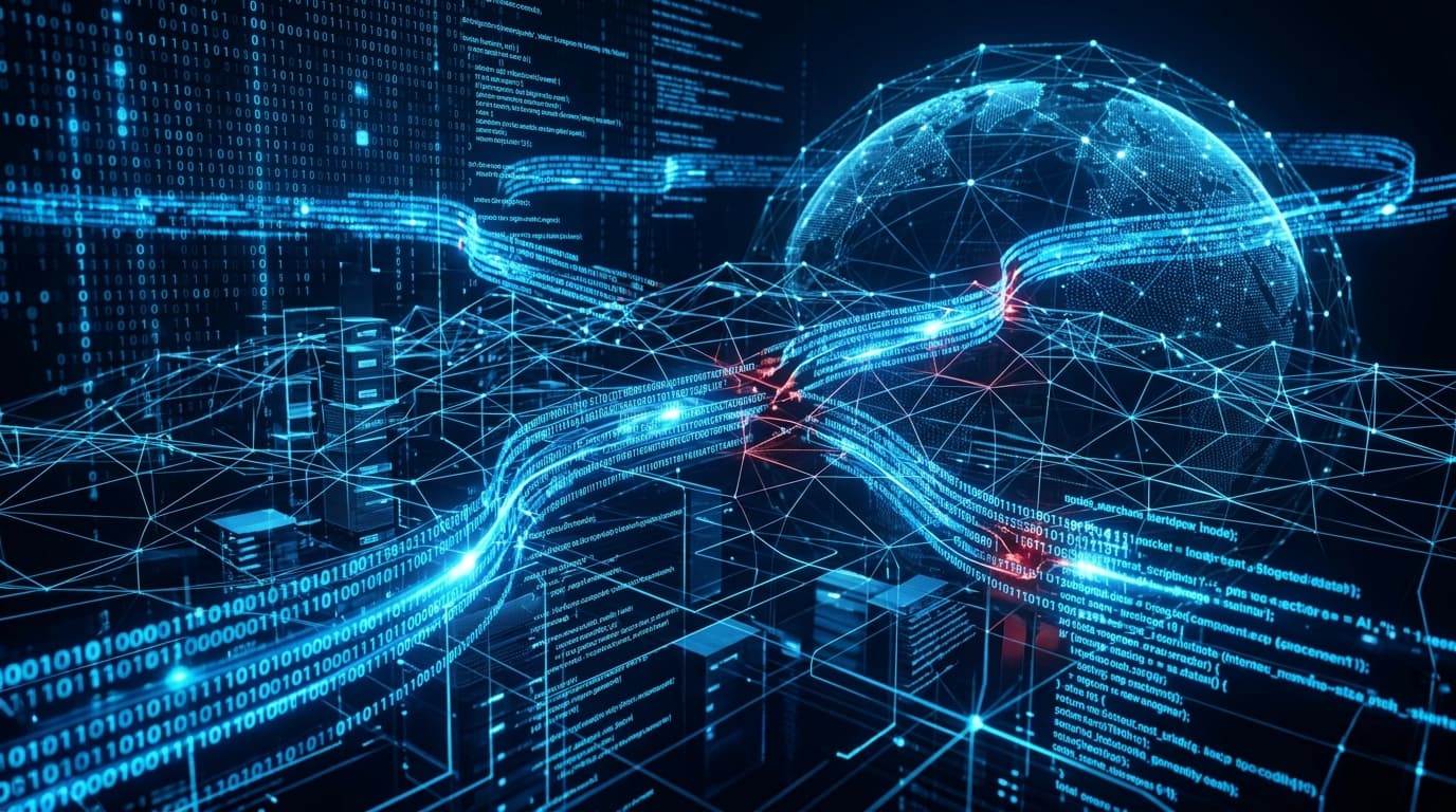 An abstract, high-tech cybersecurity concept art featuring glowing blue digital code streams weaving