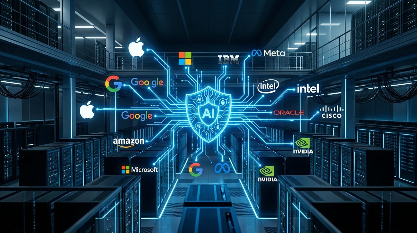 A futuristic and secure data center visualization with digital blue light lines connecting various g