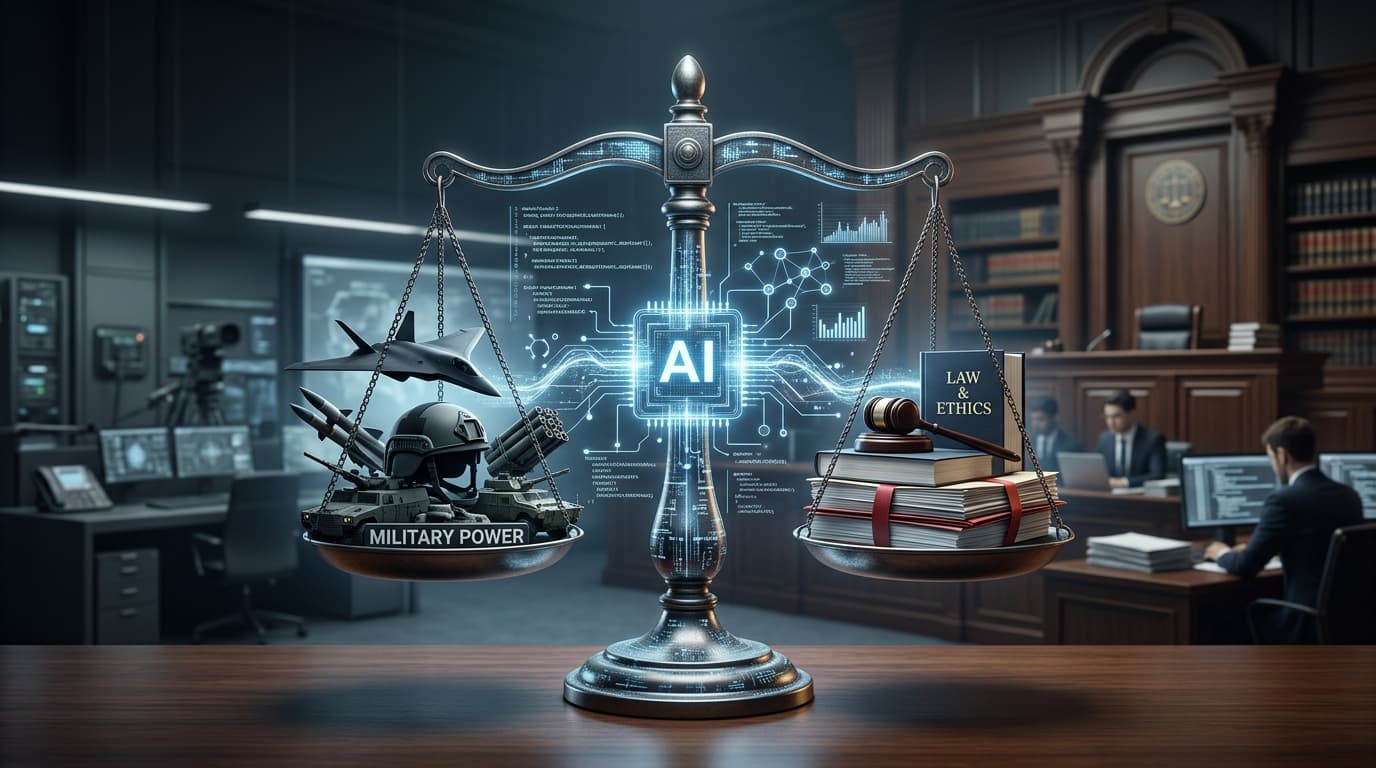 A conceptual image of a scales of justice being balanced by an AI algorithm, with symbols of militar