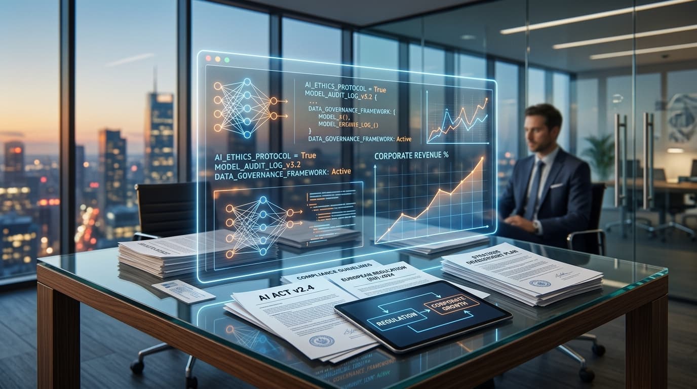 A conceptual and professional image illustrating AI regulation and corporate growth, showing a clean