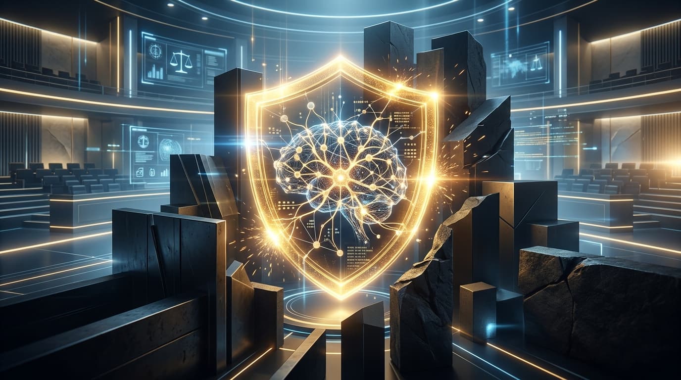 A modern, abstract digital courtroom setting with a glowing golden shield protecting a complex neura