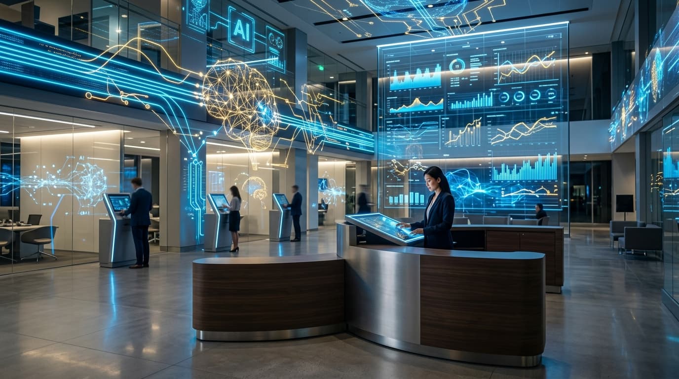A modern, high-tech bank interior with digital data streams and glowing AI neural network overlays,
