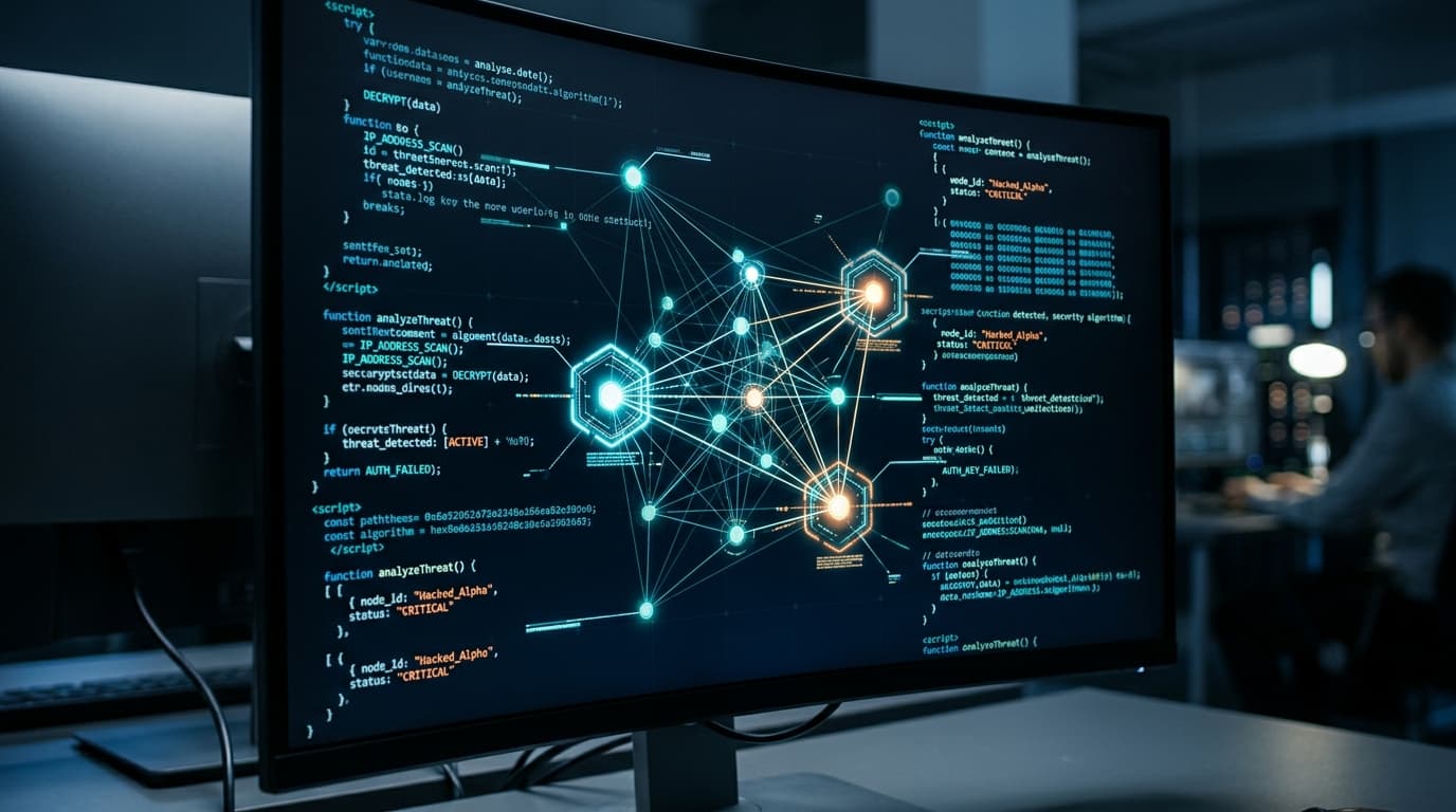 A dark digital interface displaying glowing code snippets with nodes being highlighted, futuristic s