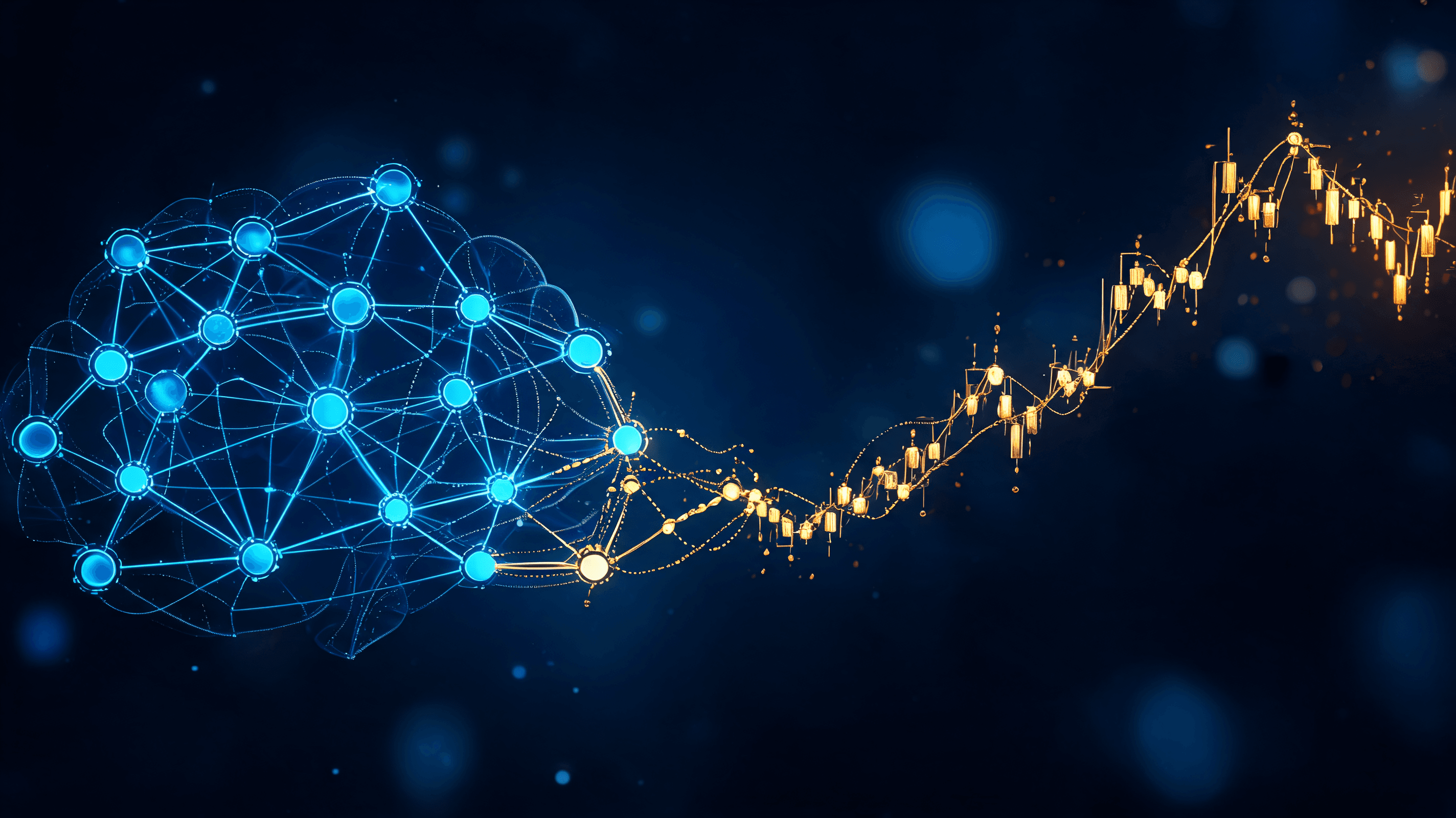 A modern, minimalist digital rendering of a glowing neural network symbol transforming into a gold-p