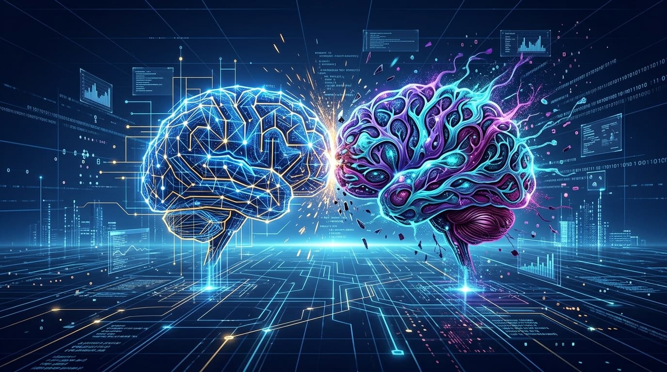 A conceptual, modern digital illustration showing two complex, glowing AI network structures collidi
