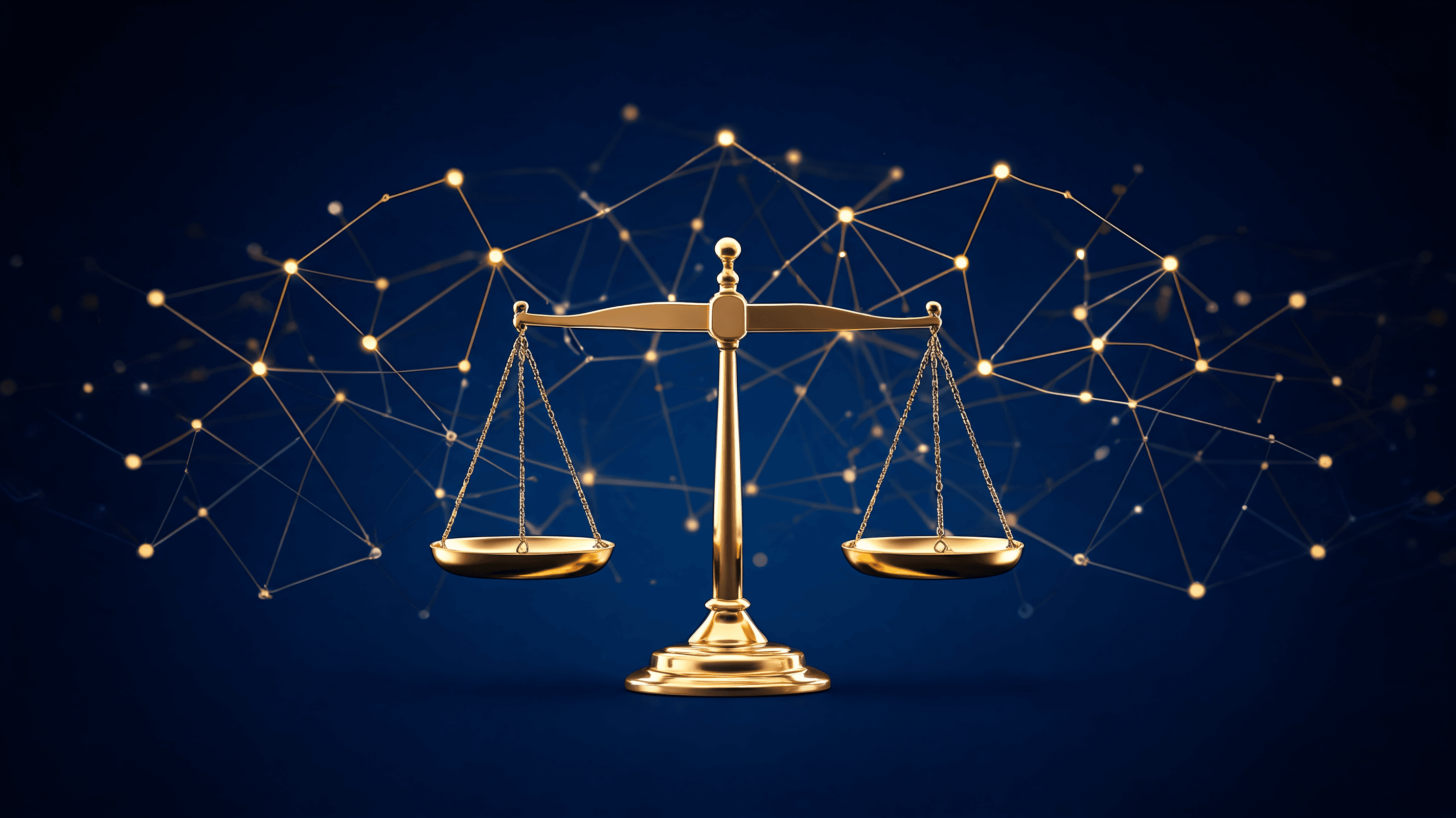 Abstract representation of legal balance scales in front of digital neural network circuits, dark bl