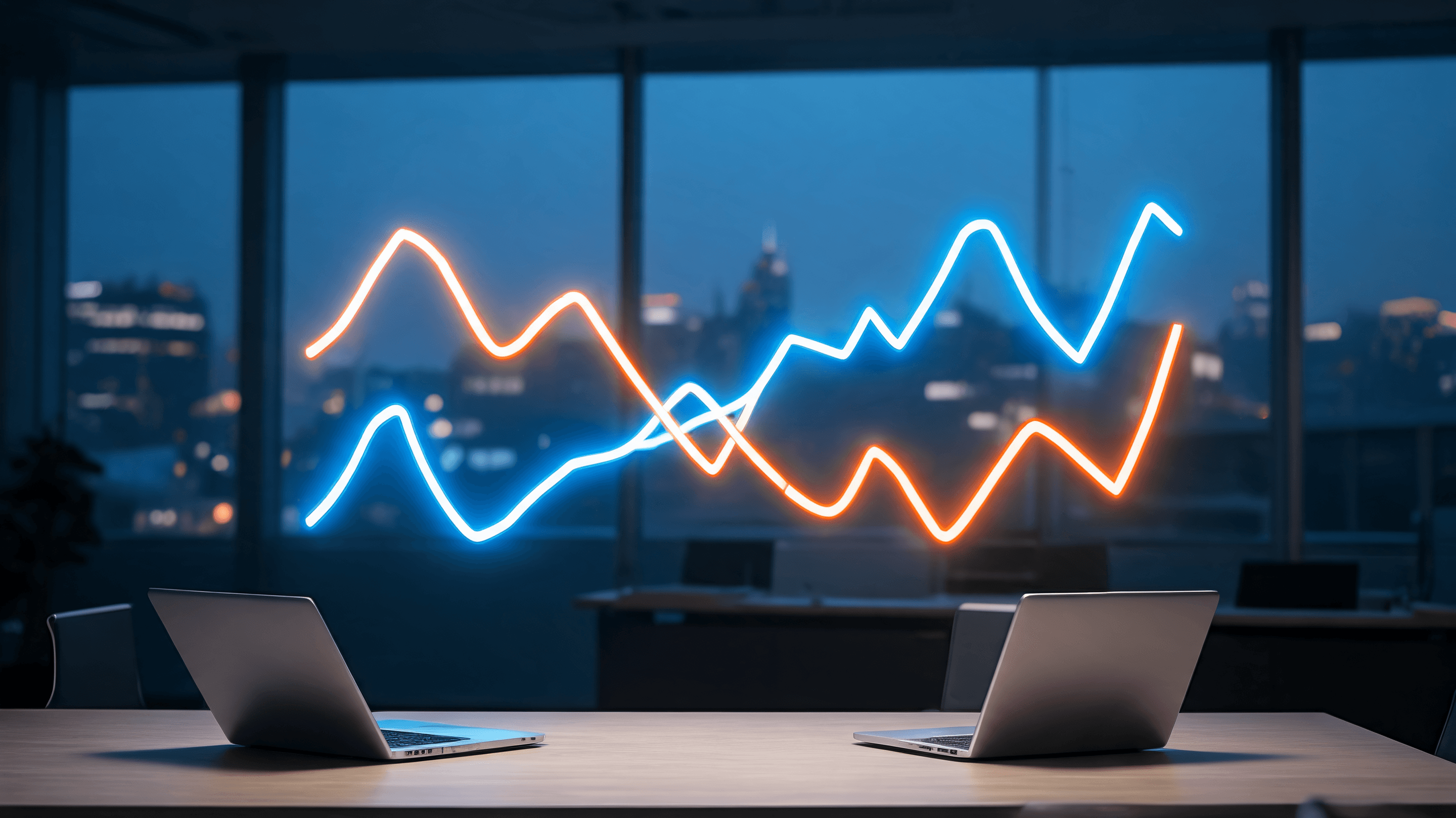 An abstract, professional office setting with two glowing digital charts merging and crossing paths,