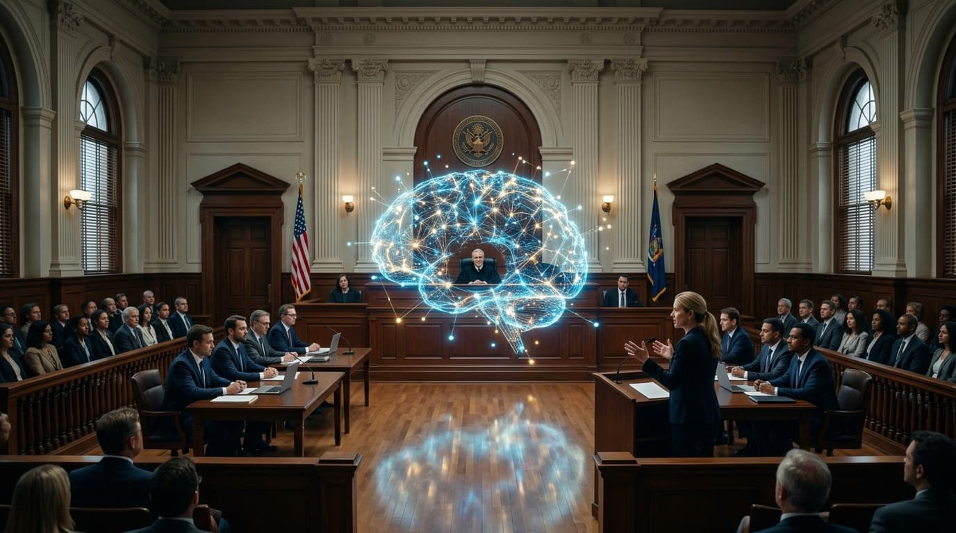 A courtroom interior, with a digital holographic abstract neural network glowing in the center of th