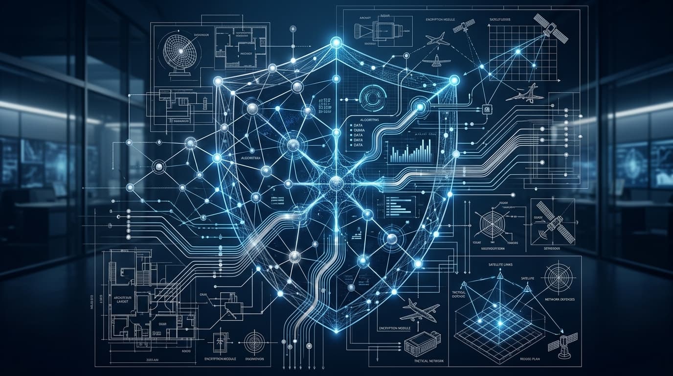 Abstract representation of AI models and defense security, blending digital neural networks with mil