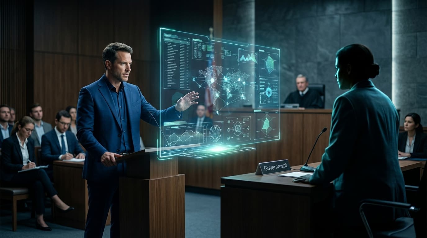 A courtroom scene with digital holographic projection overlay, showing a tech company executive faci