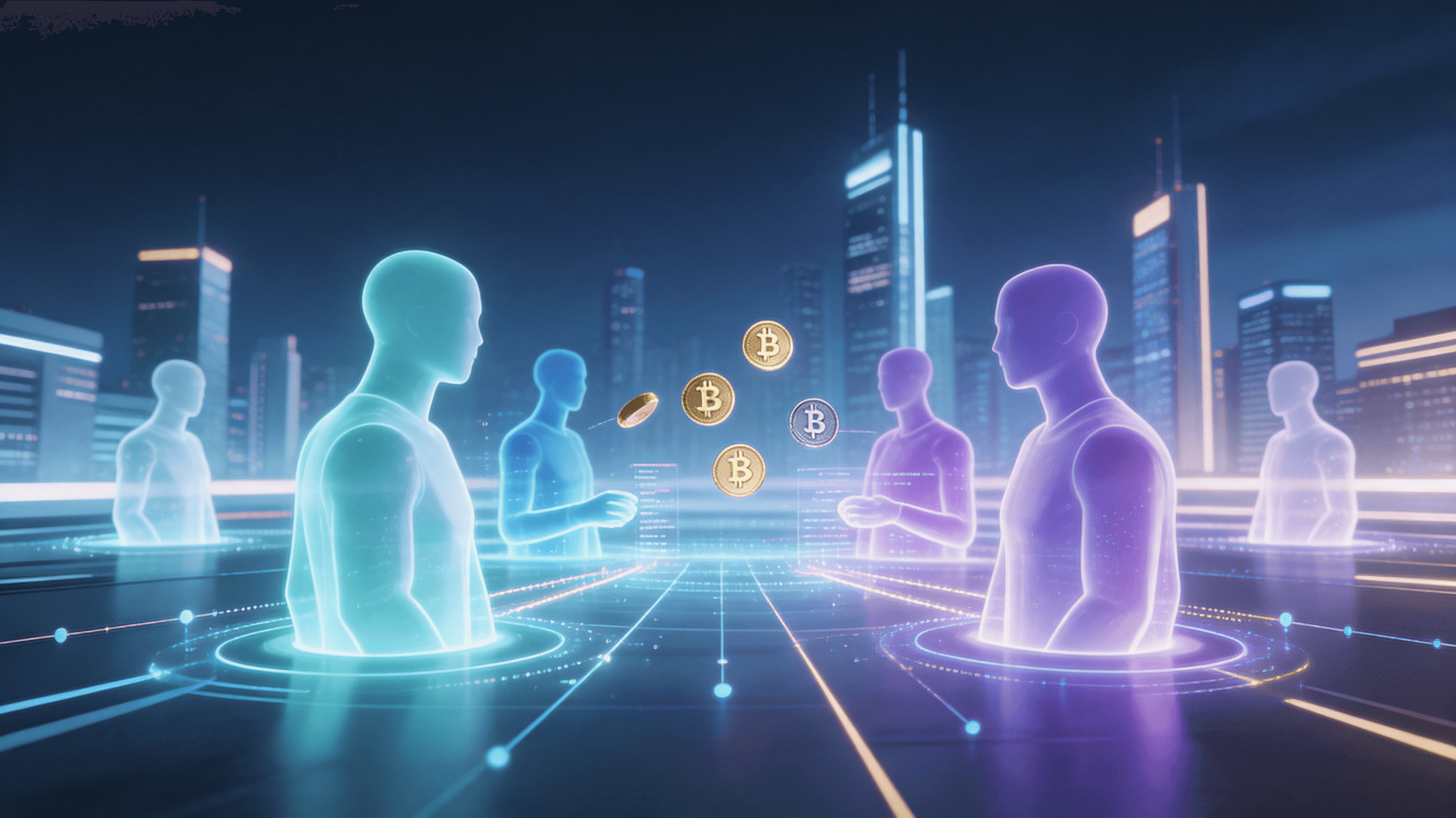 A digital visualization of a futuristic marketplace where abstract AI agents interact with holograph