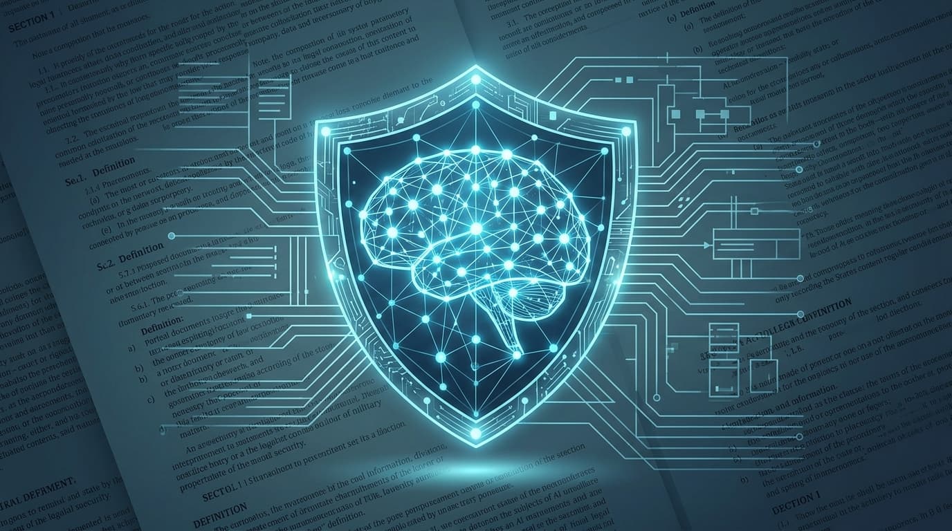 A conceptual digital illustration of a glowing AI neural network silhouette intertwined with a milit