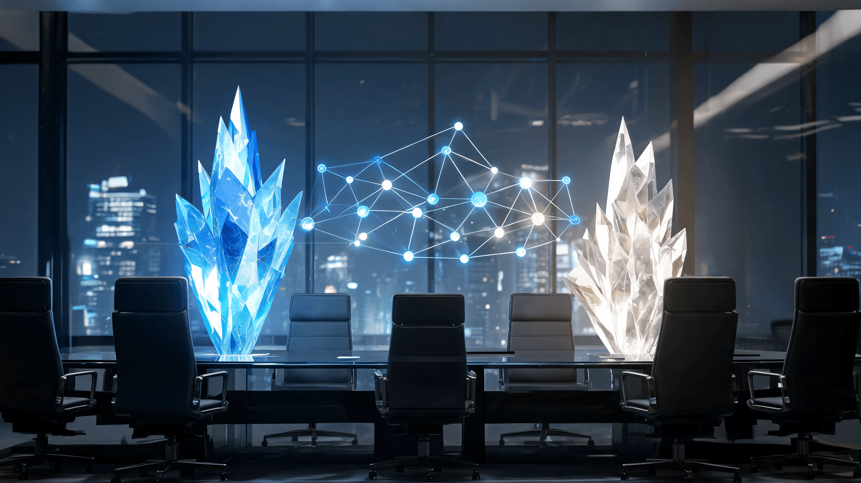 A futuristic boardroom scene with abstract neural network nodes glowing between two competing crysta